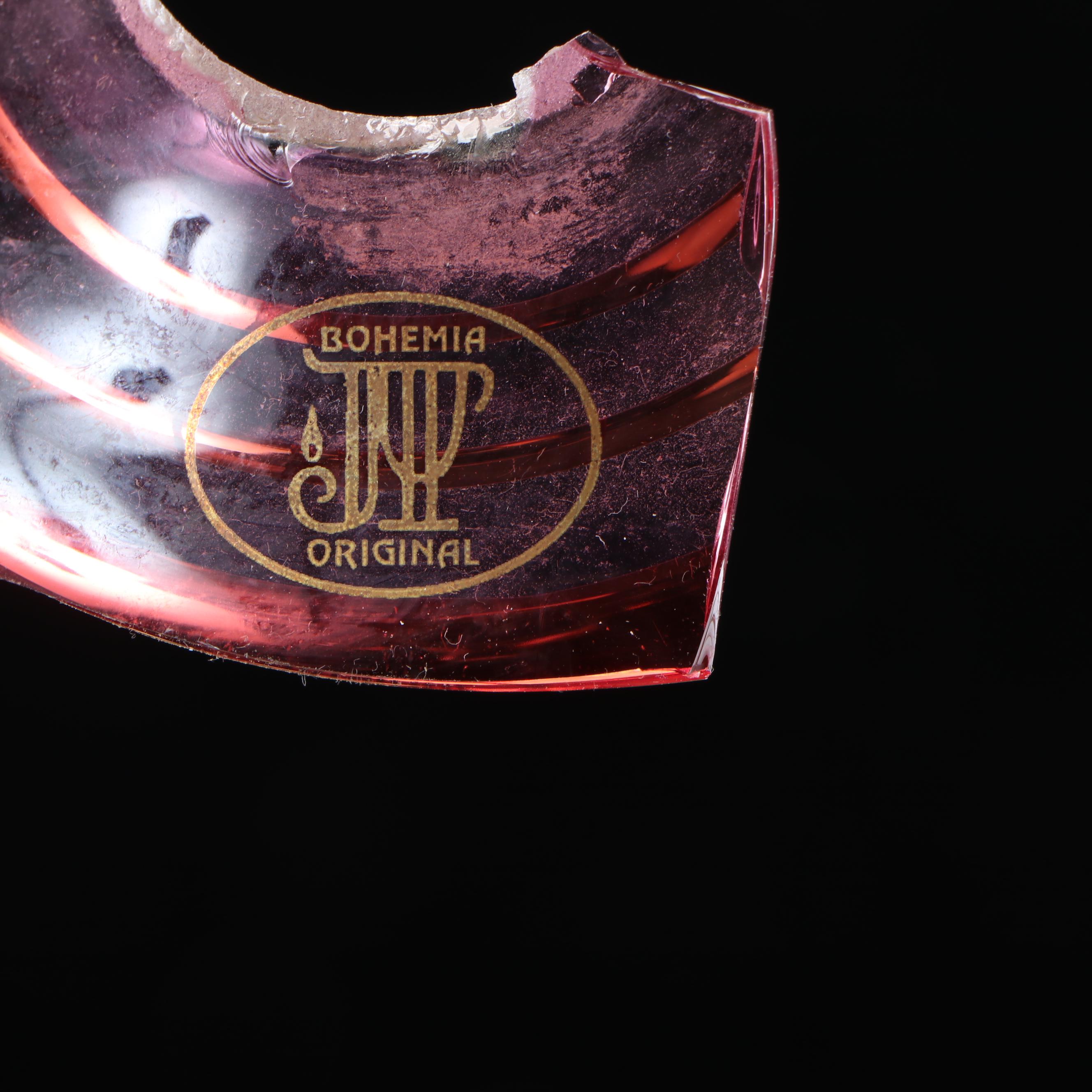 Bohemian Cranberry Glass and Brass Eight-Arm Chandelier with Glass Accents