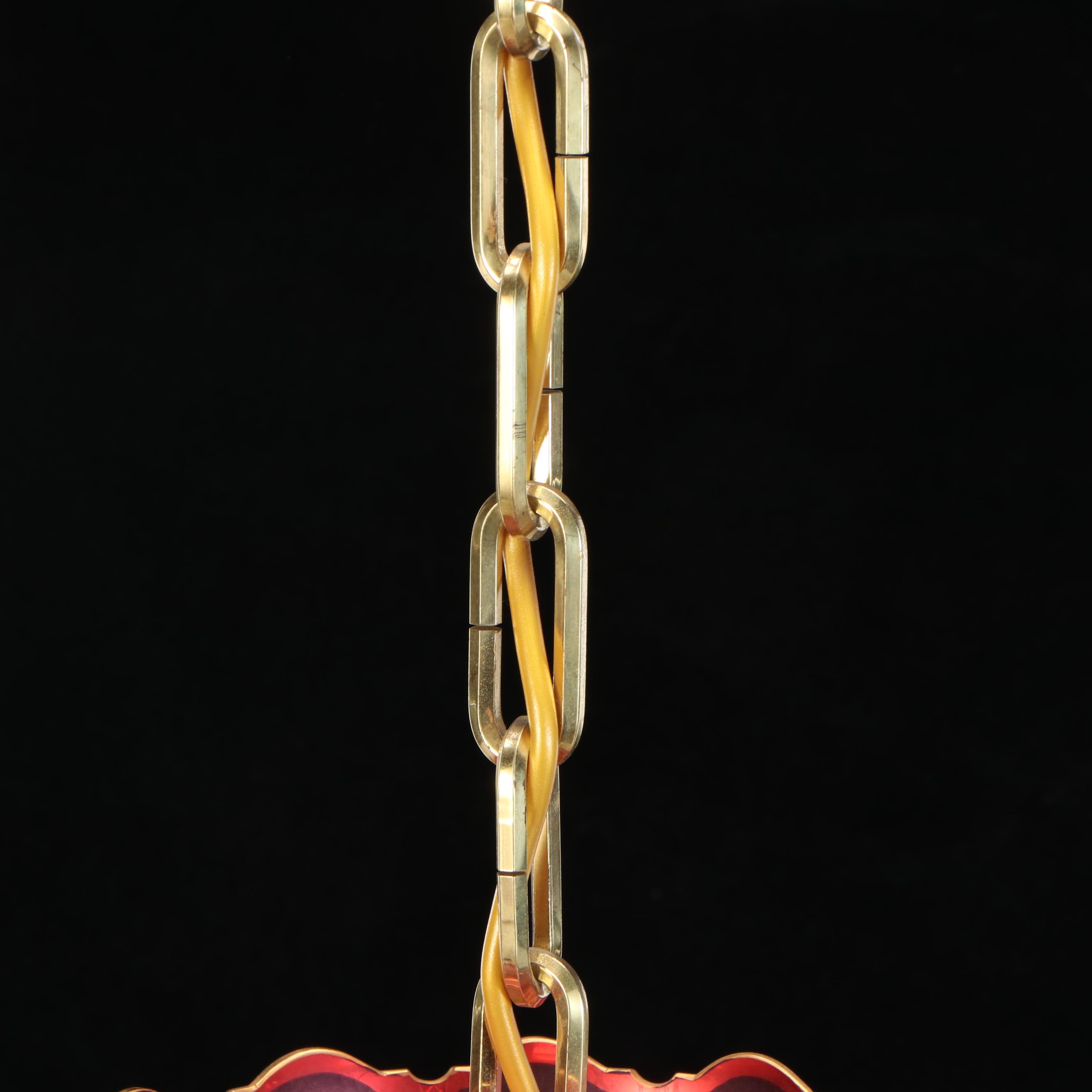 Bohemian Cranberry Glass and Brass Eight-Arm Chandelier with Glass Accents