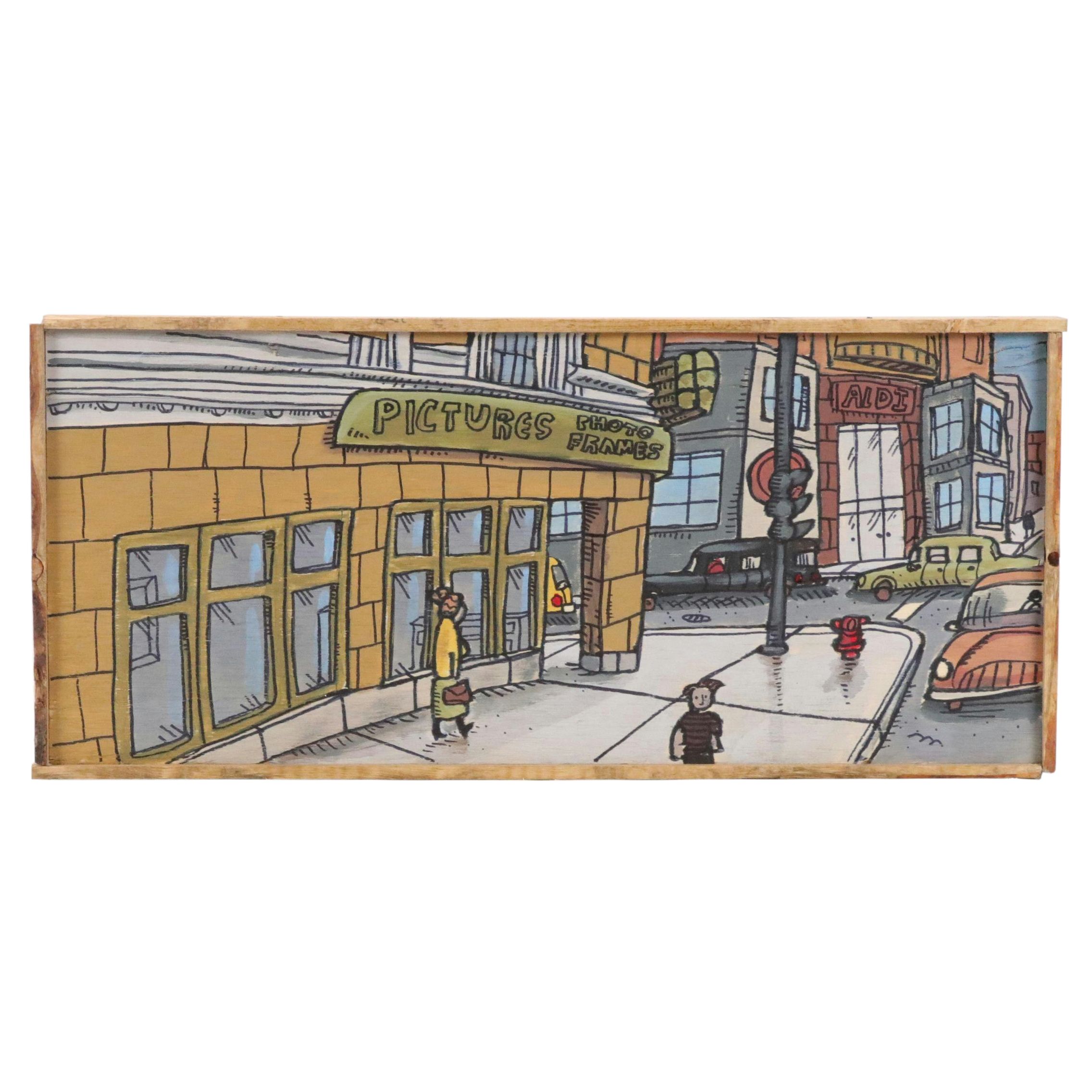 Aaron Wooten Stylized Cityscape Acrylic Painting "Frame Shop on Broadway," 2025