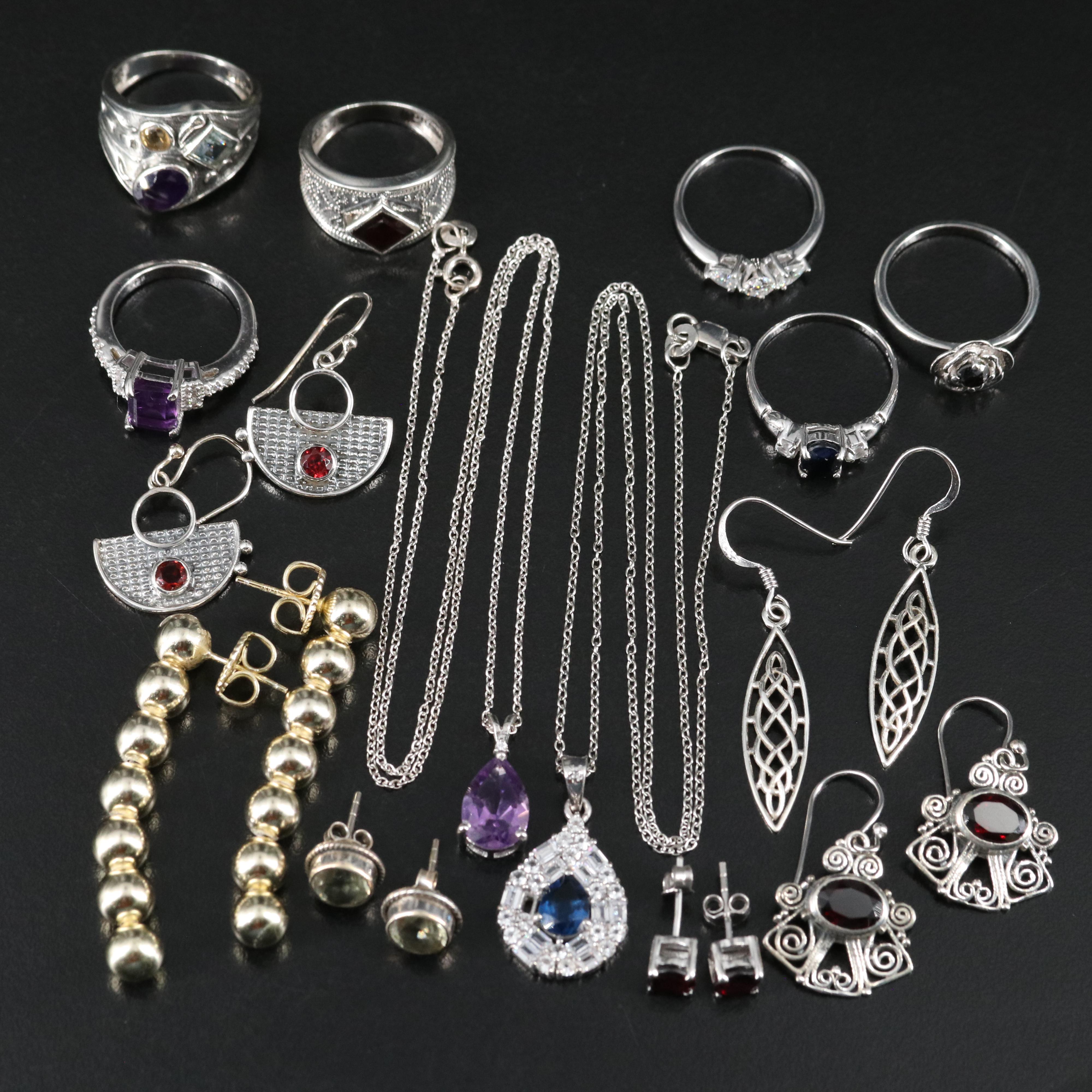 14 Assorted Sterling Silver Rings, Necklaces, and Earrings