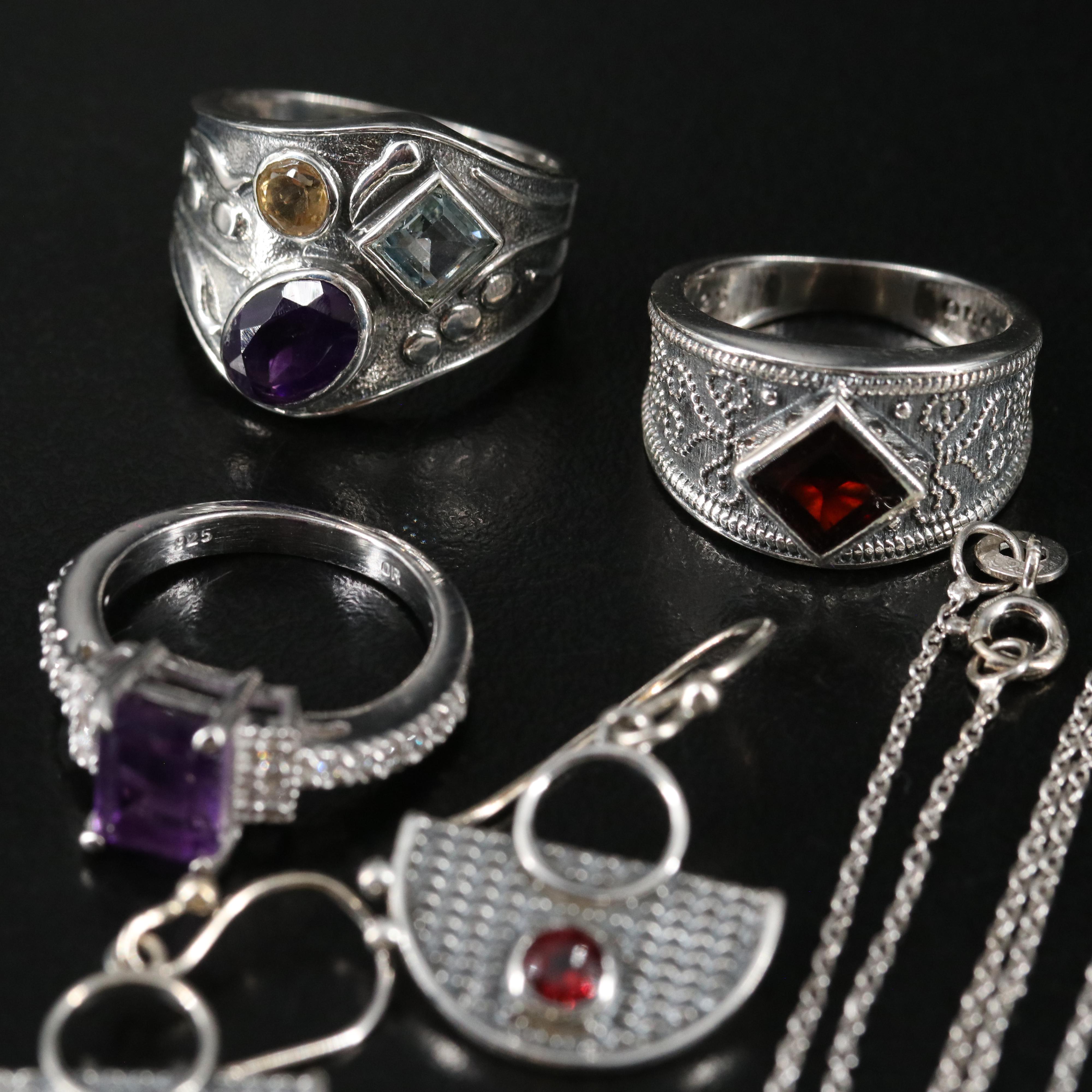 14 Assorted Sterling Silver Rings, Necklaces, and Earrings