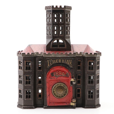 Kyser & Rex Cast Iron Safe Tower Bank, Late 19th Century Kyser & Rex Cast Iron Safe Tower Bank, Late 19th Century