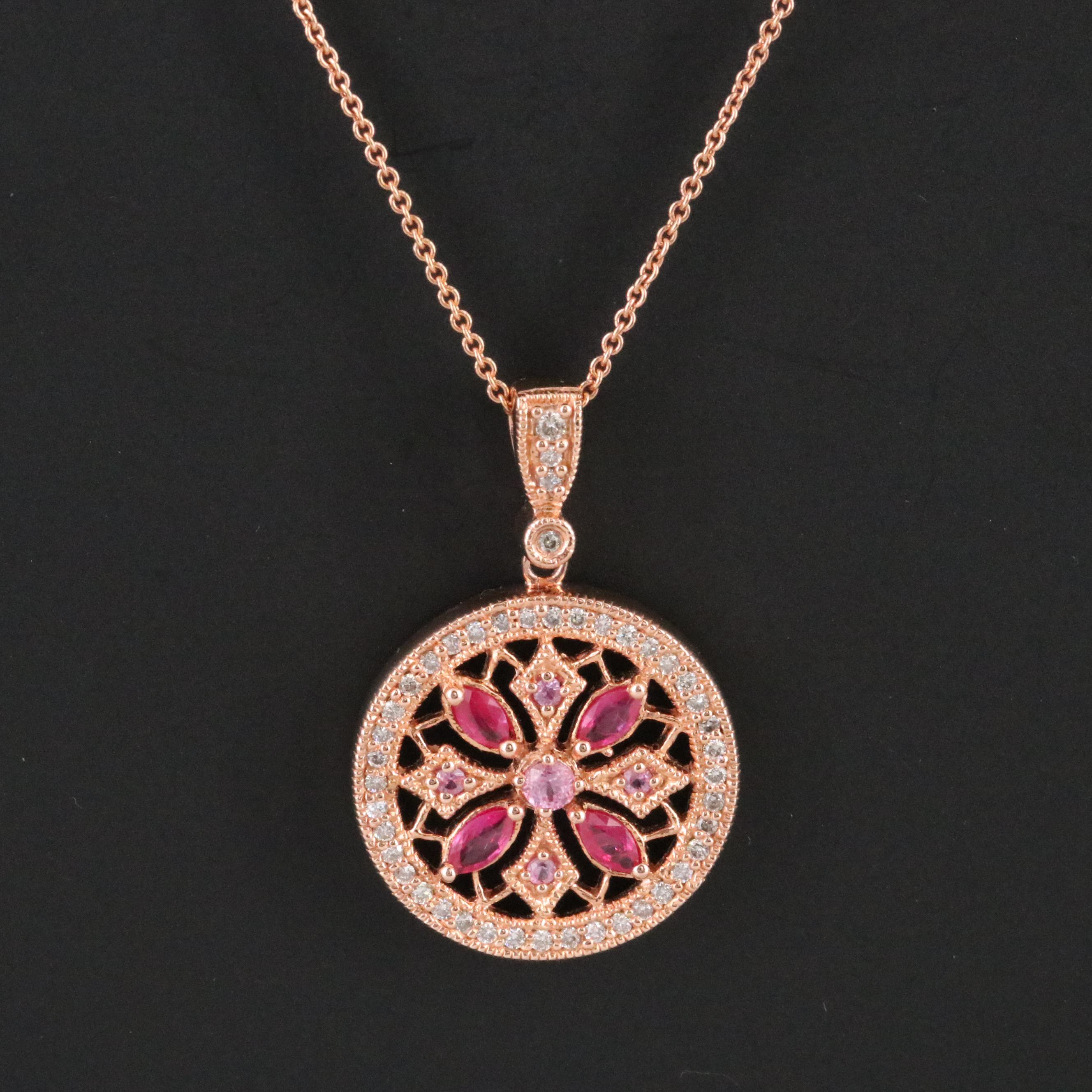 14K Rose Gold Pink Sapphire, Ruby and Diamond Pendant Necklace