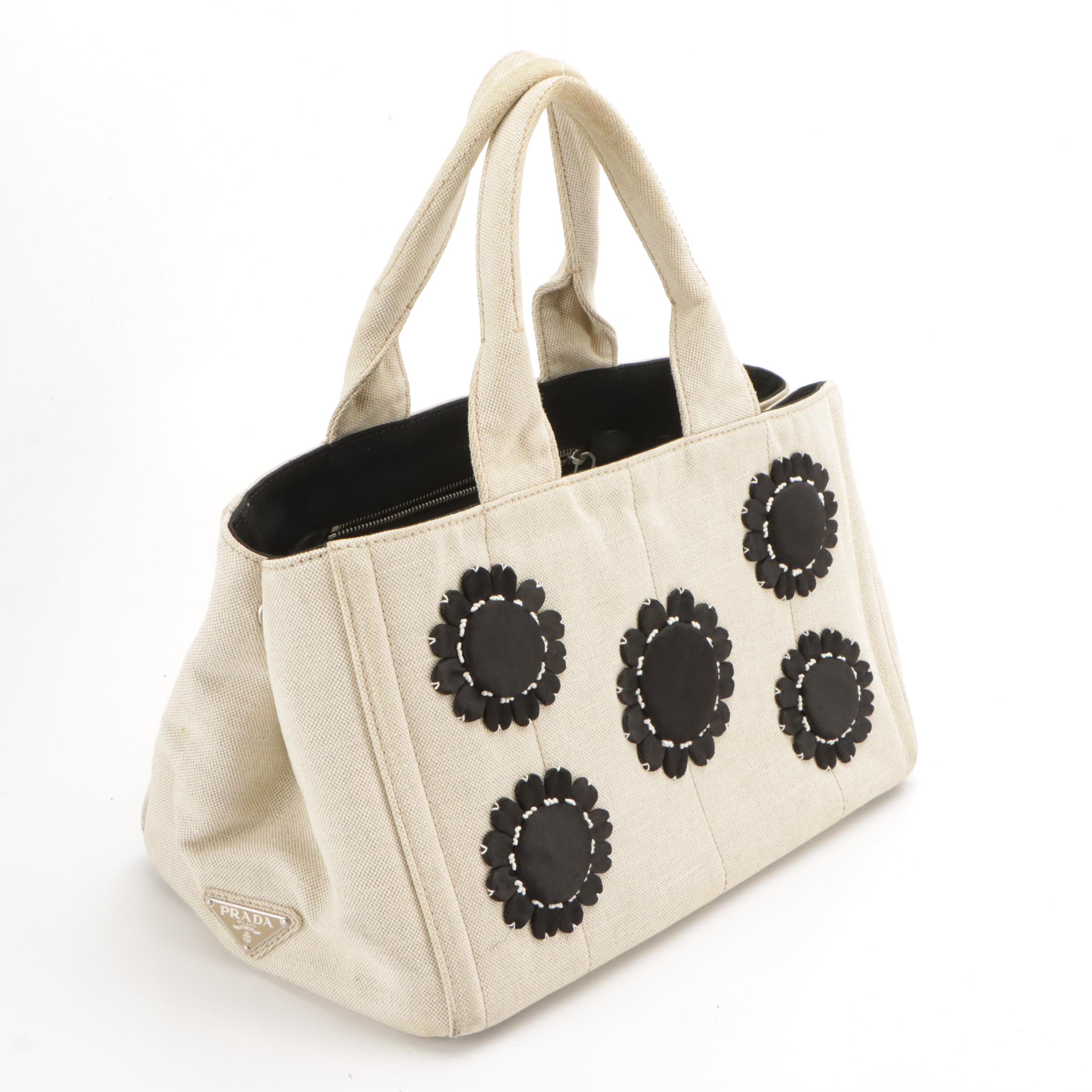 Prada Satin Floral Appliqué and Canvas Mistolino Tote