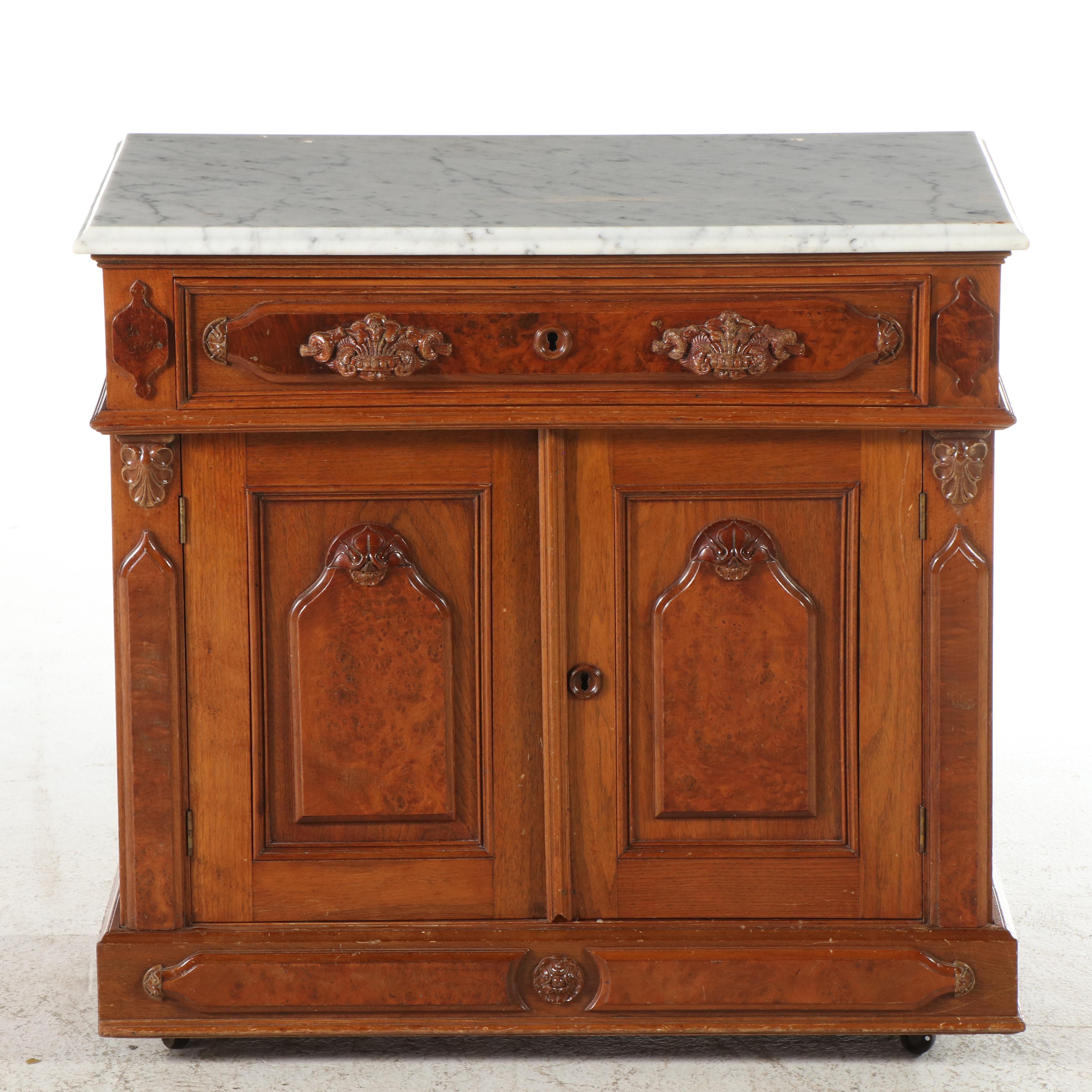 Victorian Walnut, Burl Walnut, and White Marble Washstand, Late 19th Century