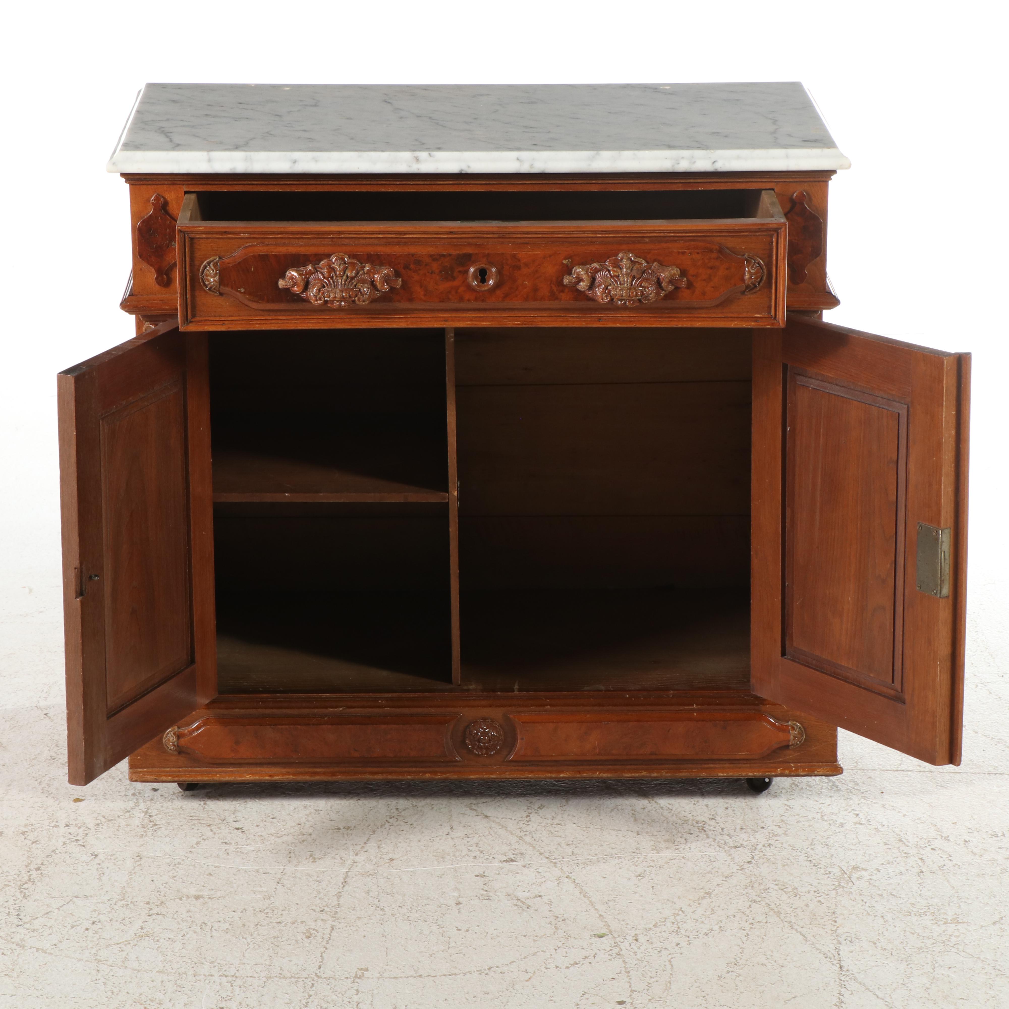 Victorian Walnut, Burl Walnut, and White Marble Washstand, Late 19th Century