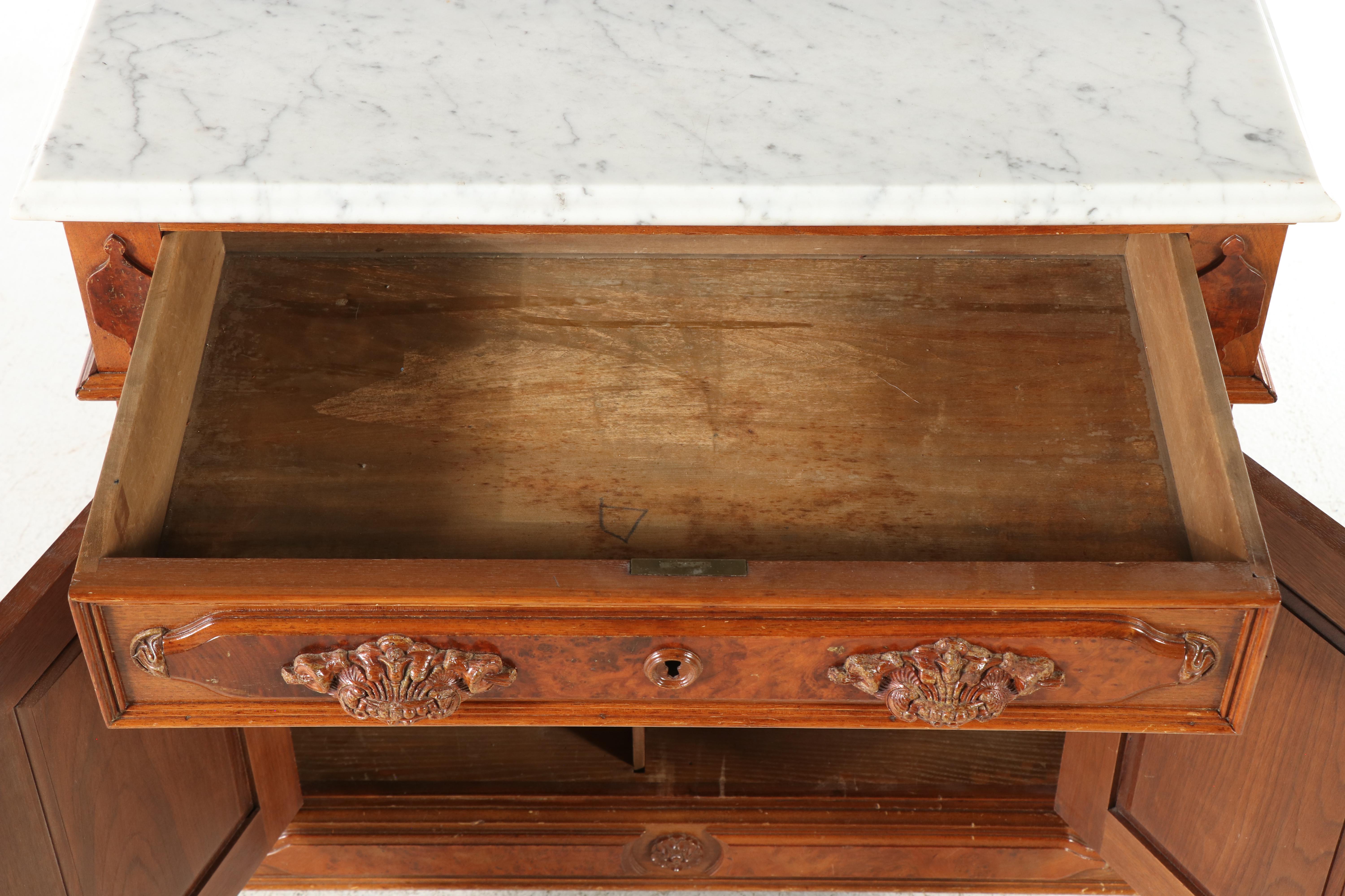 Victorian Walnut, Burl Walnut, and White Marble Washstand, Late 19th Century