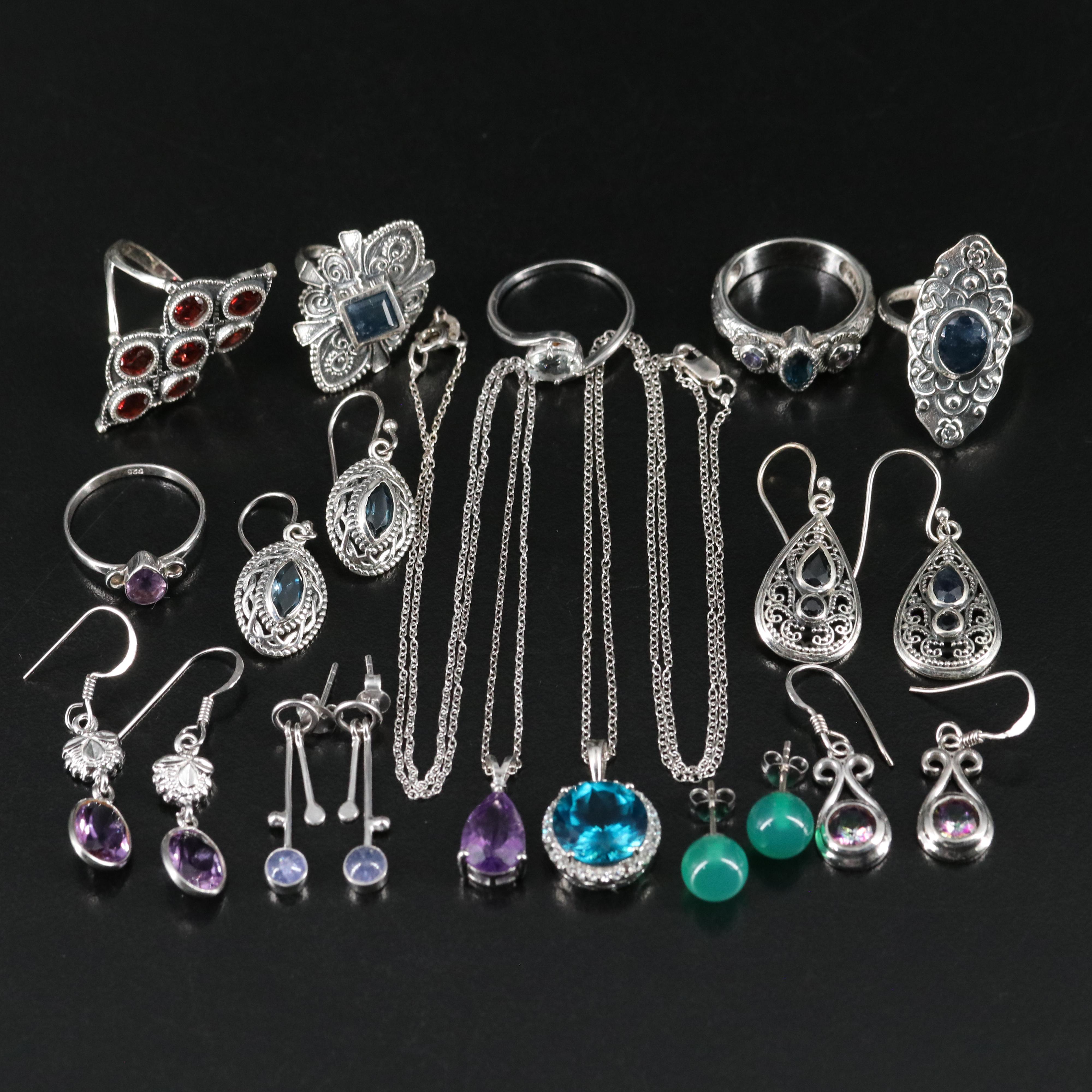 14 Assorted Sterling Silver Rings, Necklaces, and Earrings