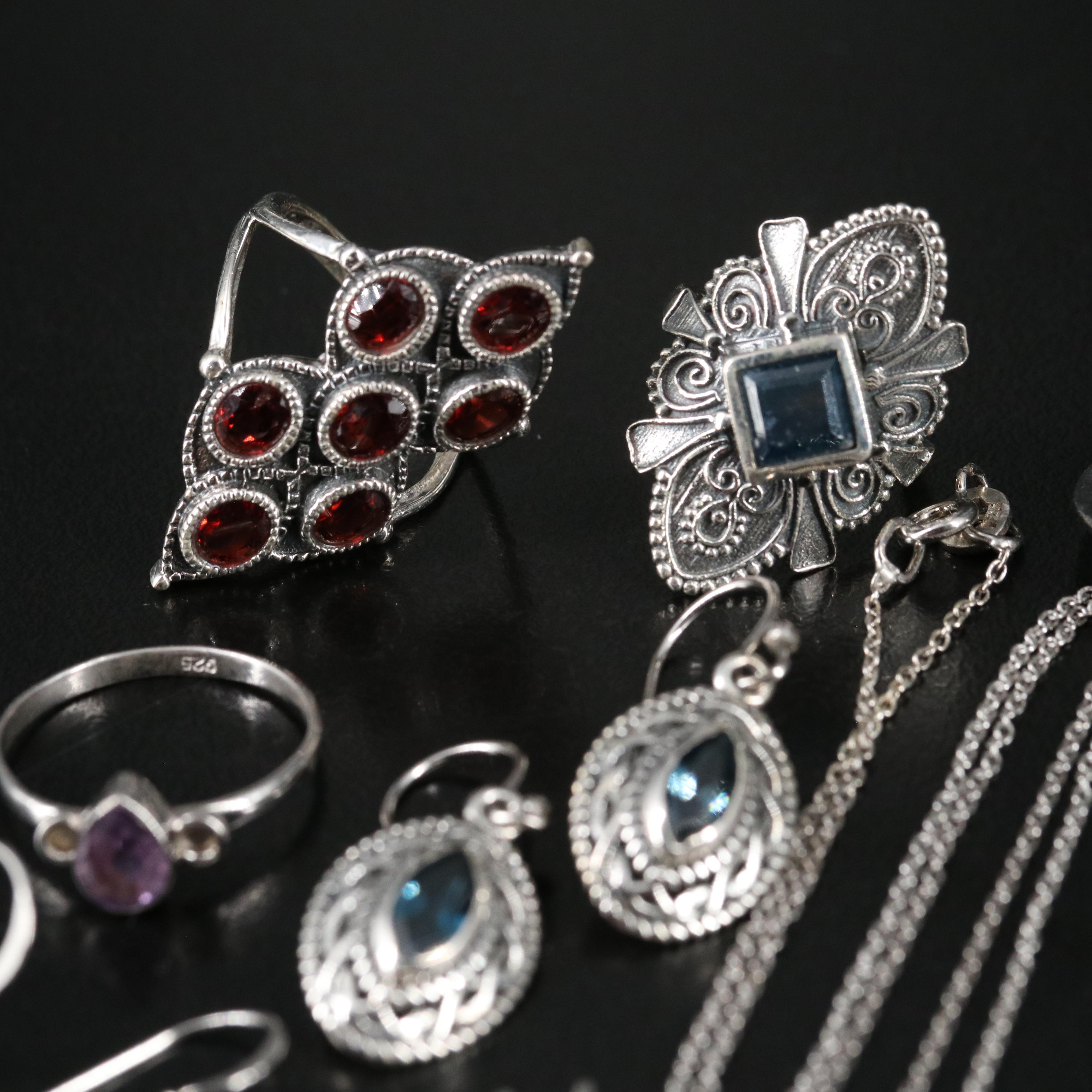 14 Assorted Sterling Silver Rings, Necklaces, and Earrings