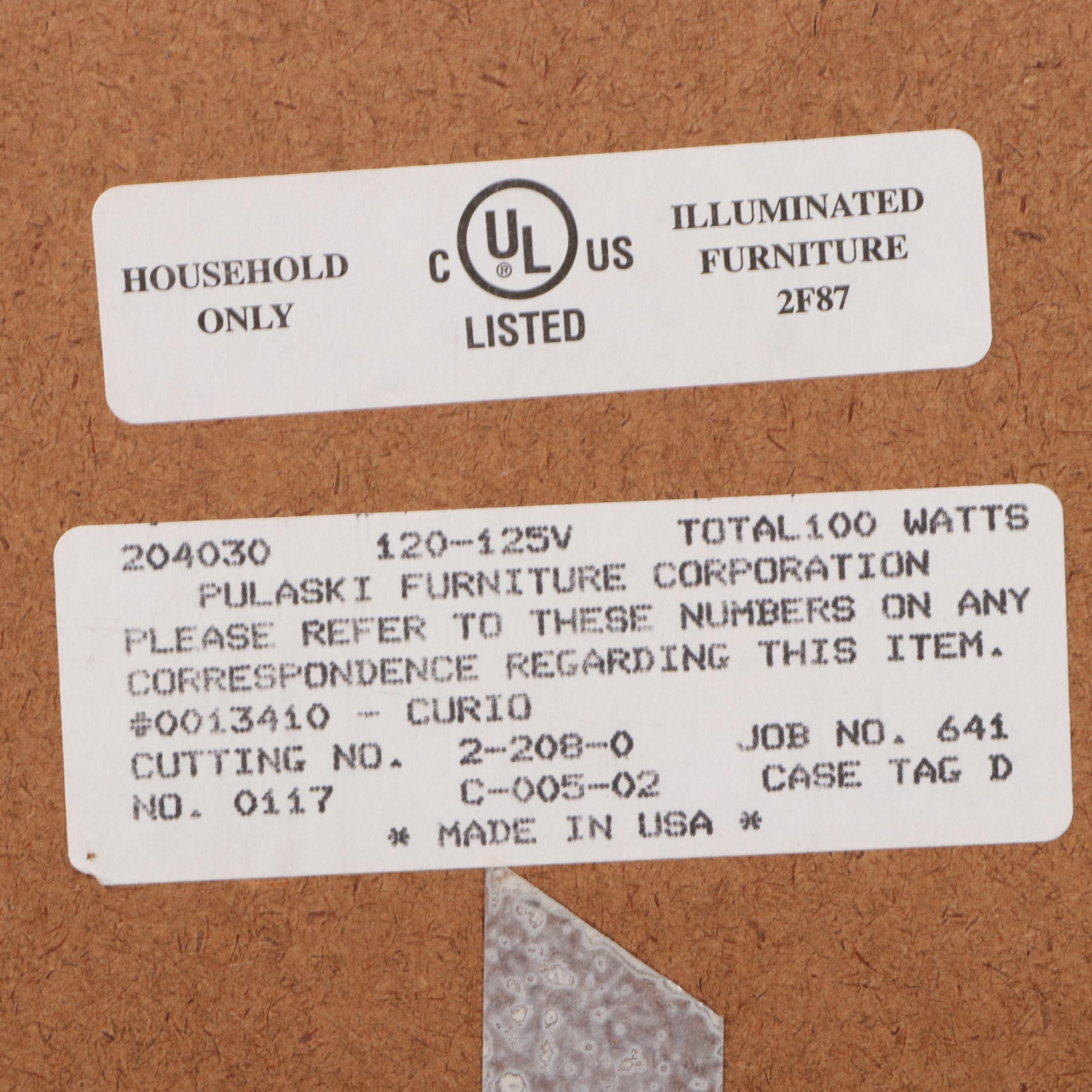 Pulaski Furniture Colonial Style Oak Illuminated Glass Front Curio Cabinet