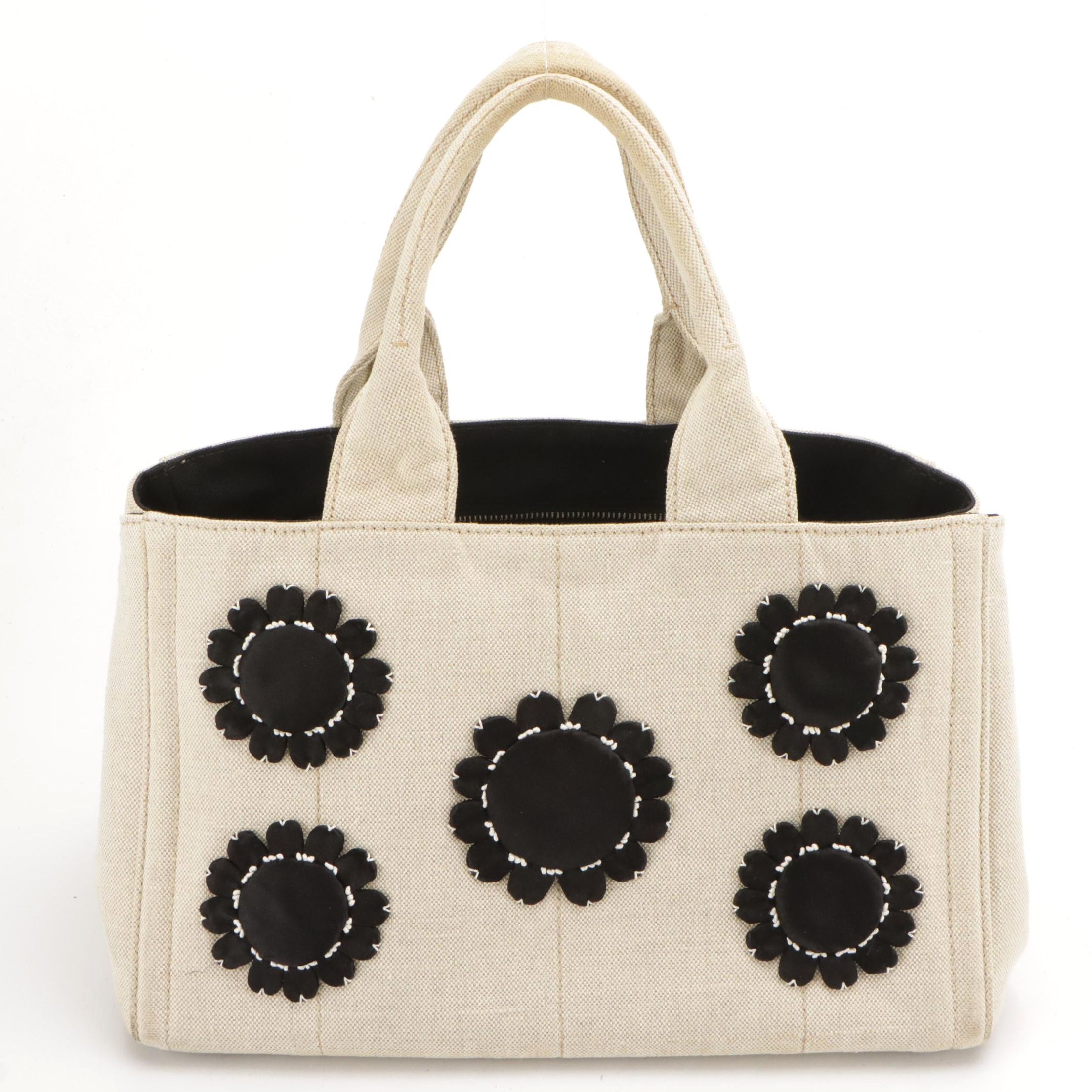 Prada Satin Floral Appliqué and Canvas Mistolino Tote