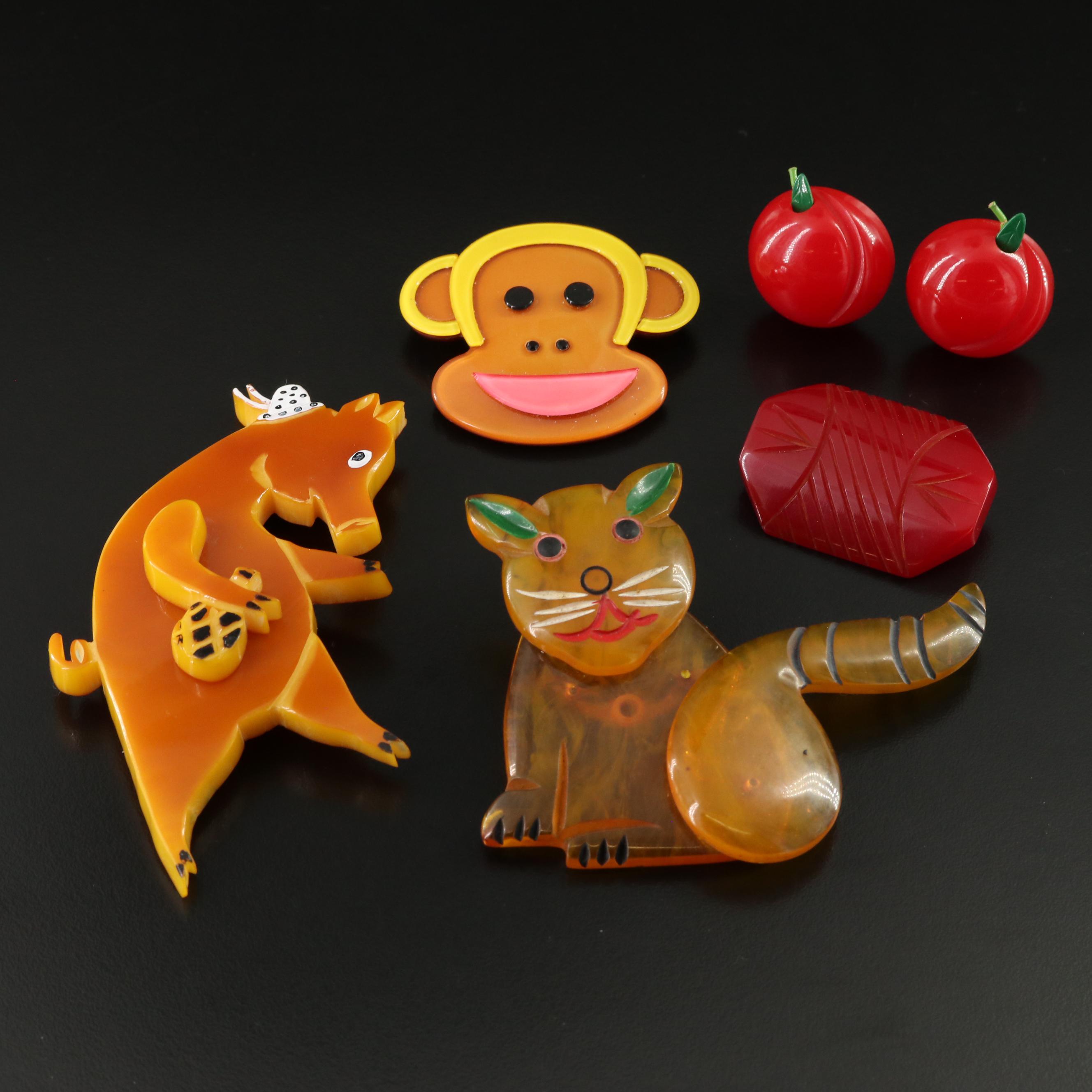 Articulated Bakelite J. Foltz Pig & Apple Juice Cat Brooches ft. in Jewelry