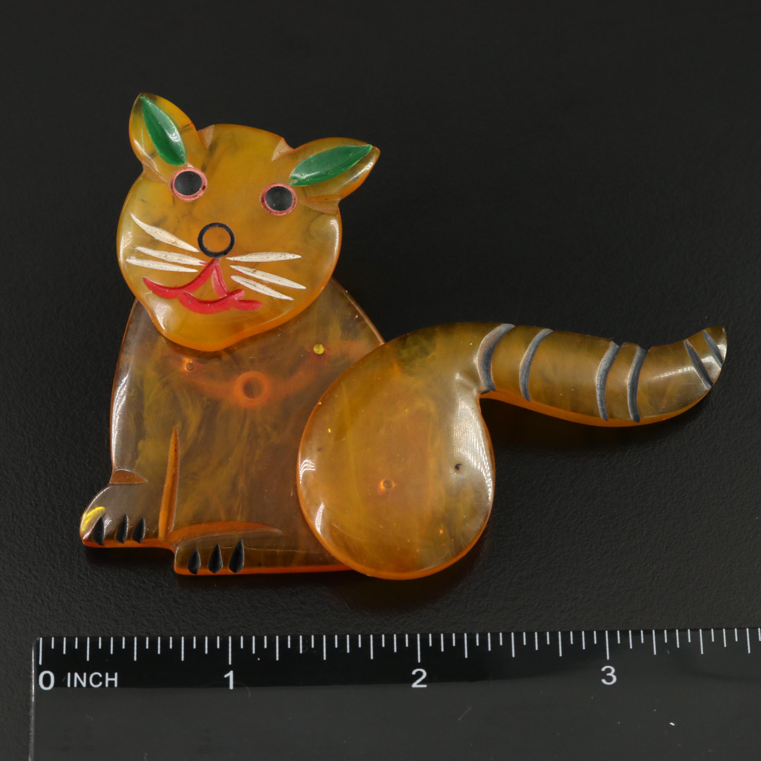 Articulated Bakelite J. Foltz Pig & Apple Juice Cat Brooches ft. in Jewelry