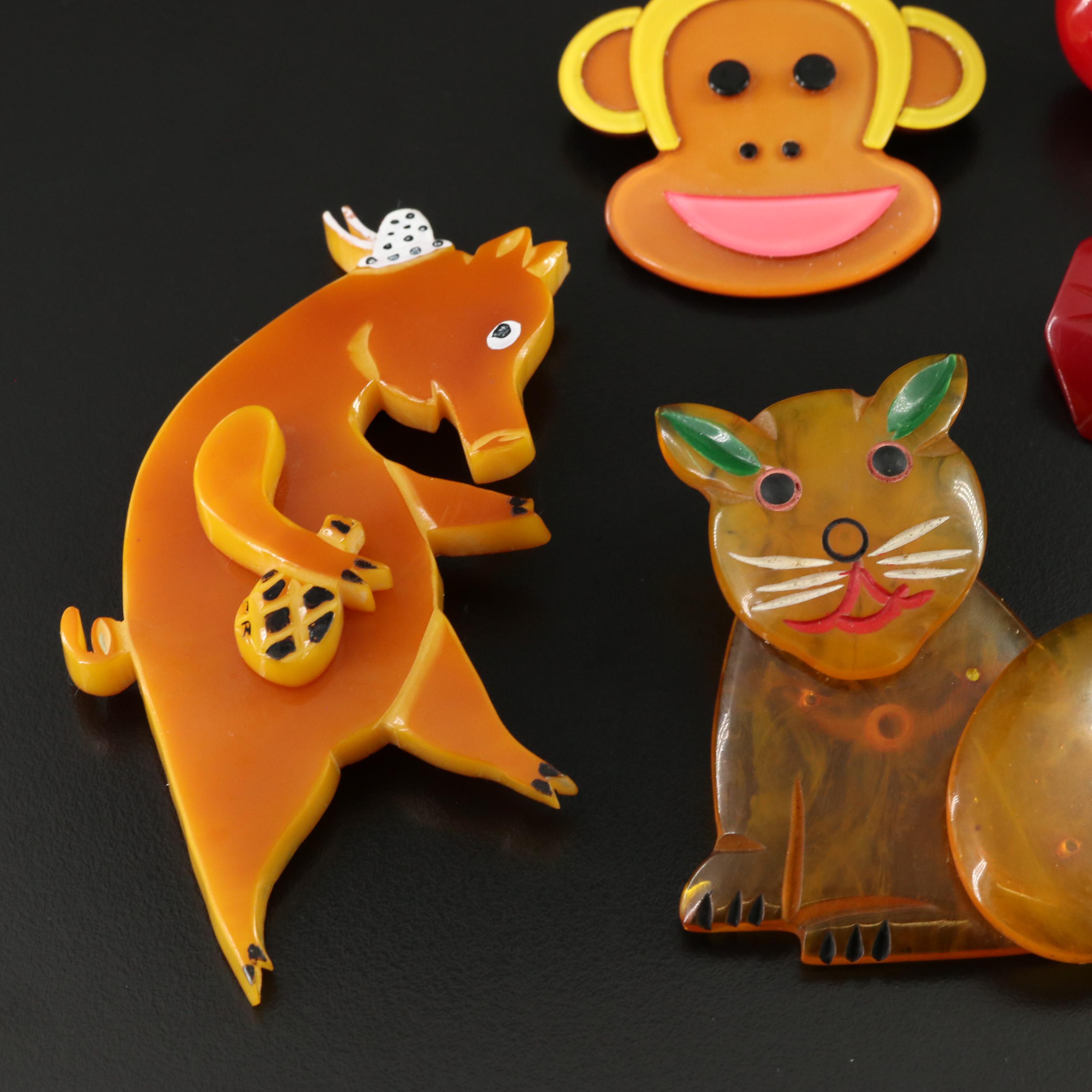 Articulated Bakelite J. Foltz Pig & Apple Juice Cat Brooches ft. in Jewelry