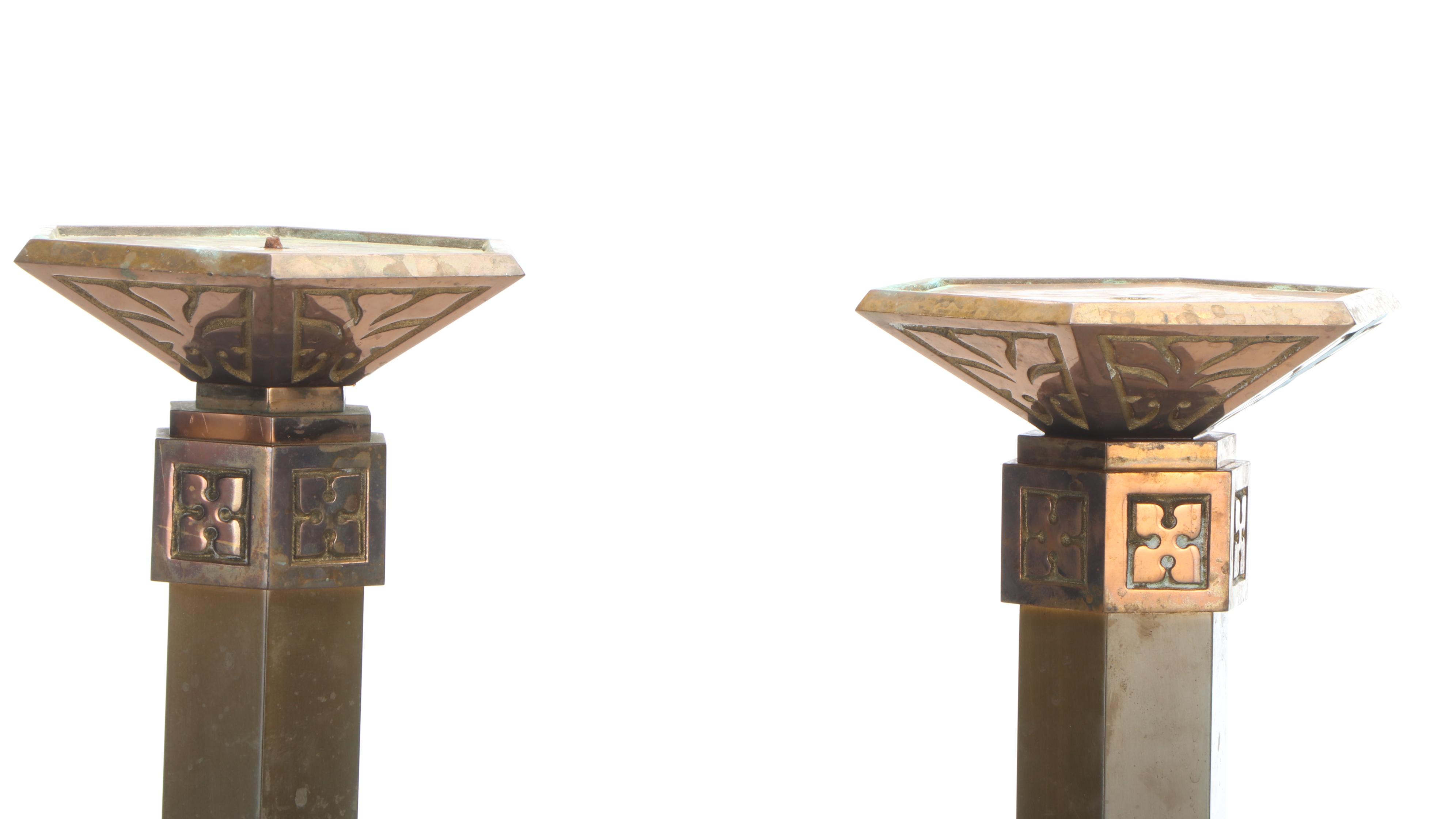 Pair of Gothic Style Brass and Copper Hexagonal Altar Candle Holders