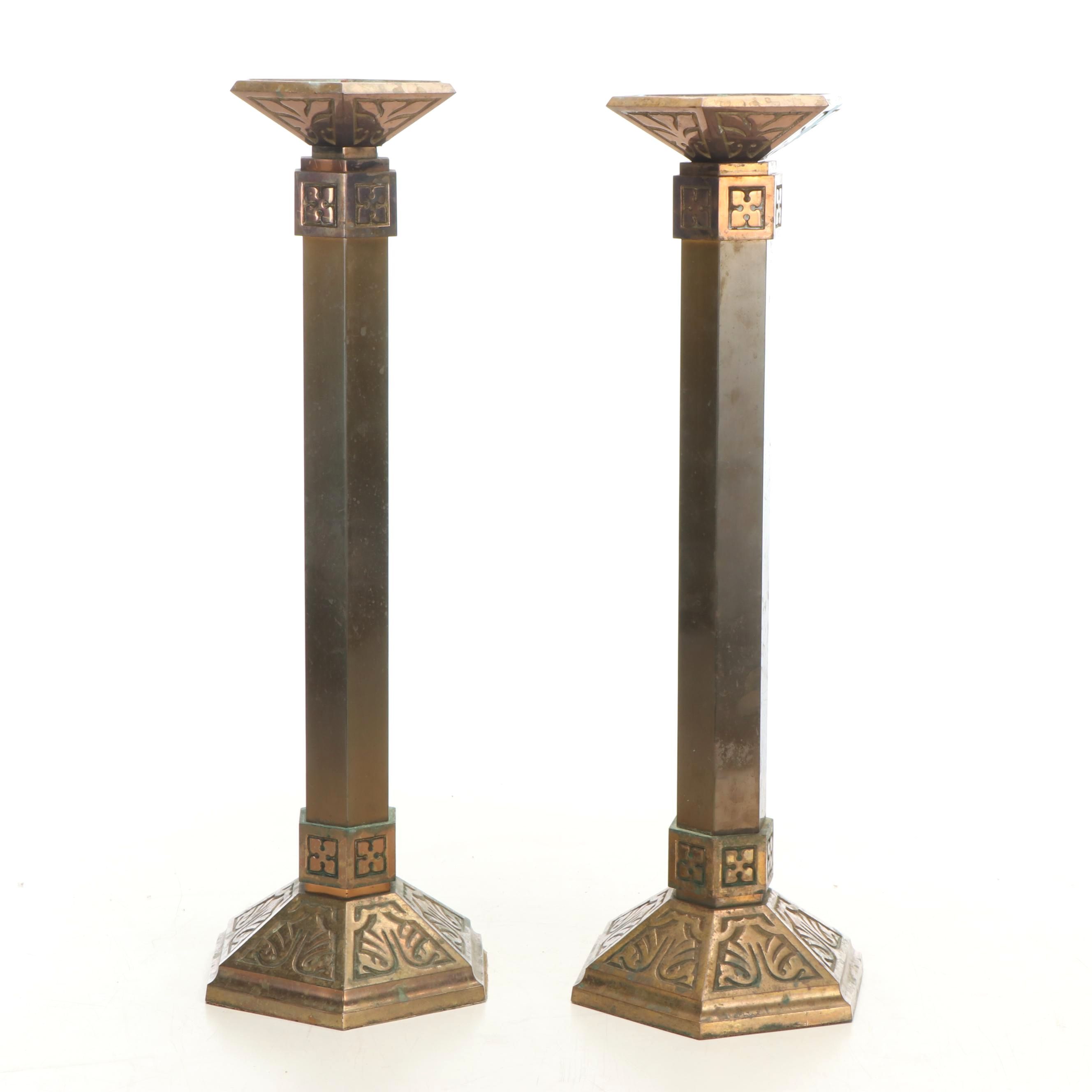 Pair of Gothic Style Brass and Copper Hexagonal Altar Candle Holders