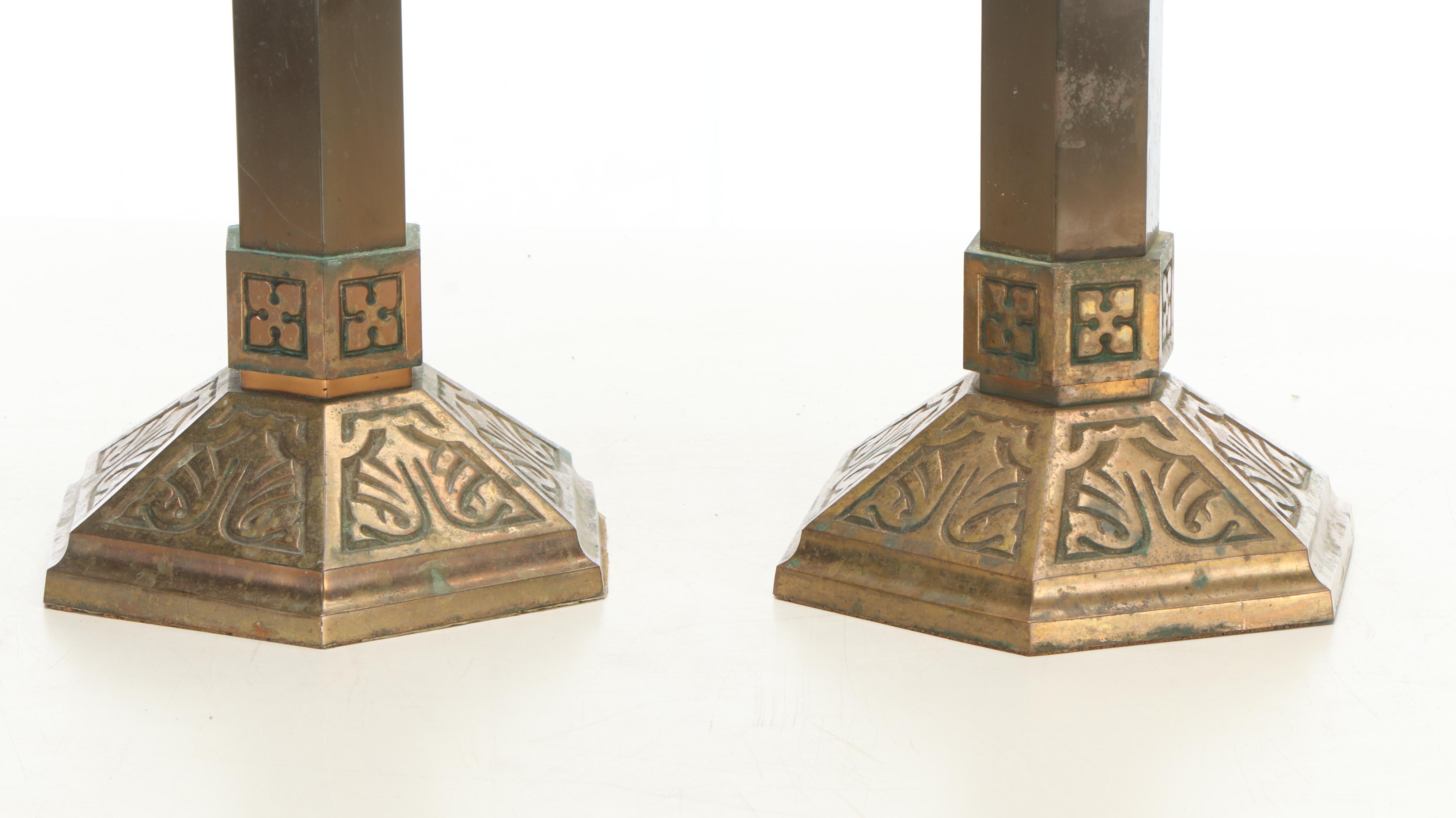 Pair of Gothic Style Brass and Copper Hexagonal Altar Candle Holders