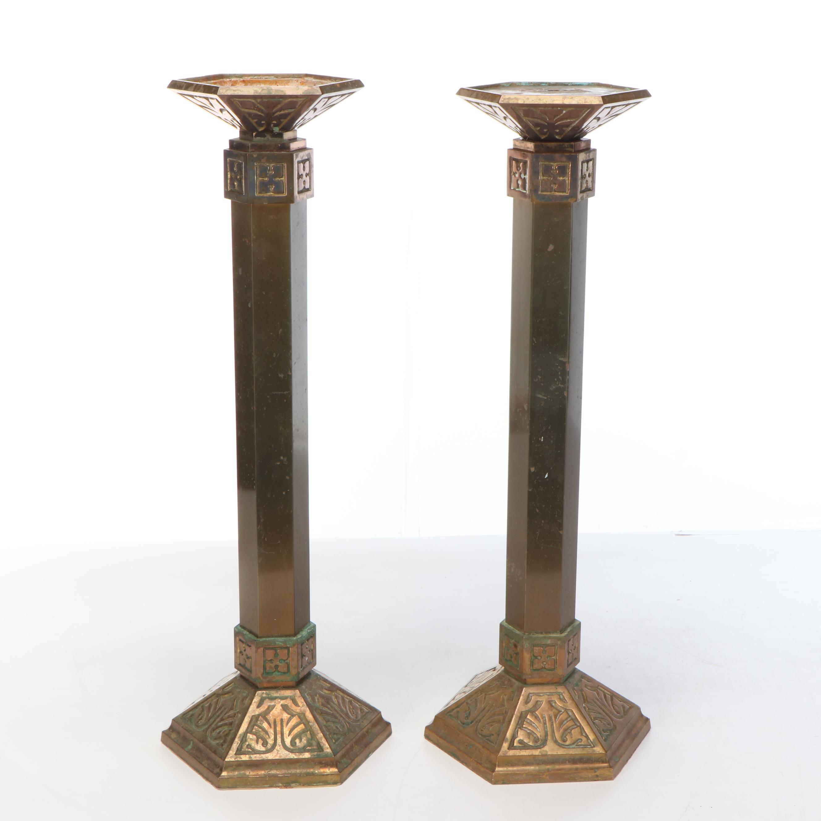 Pair of Gothic Style Brass and Copper Hexagonal Altar Candle Holders