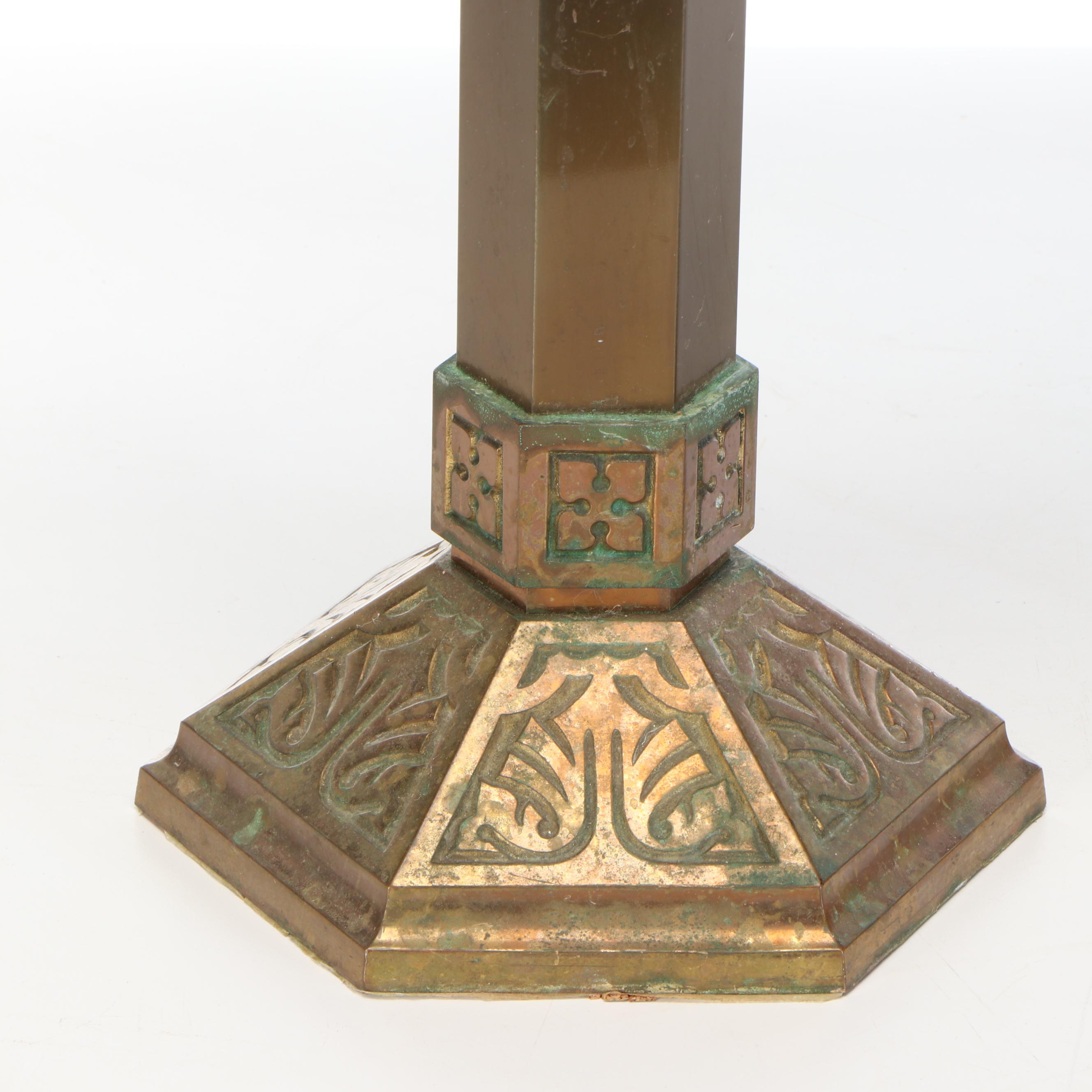 Pair of Gothic Style Brass and Copper Hexagonal Altar Candle Holders