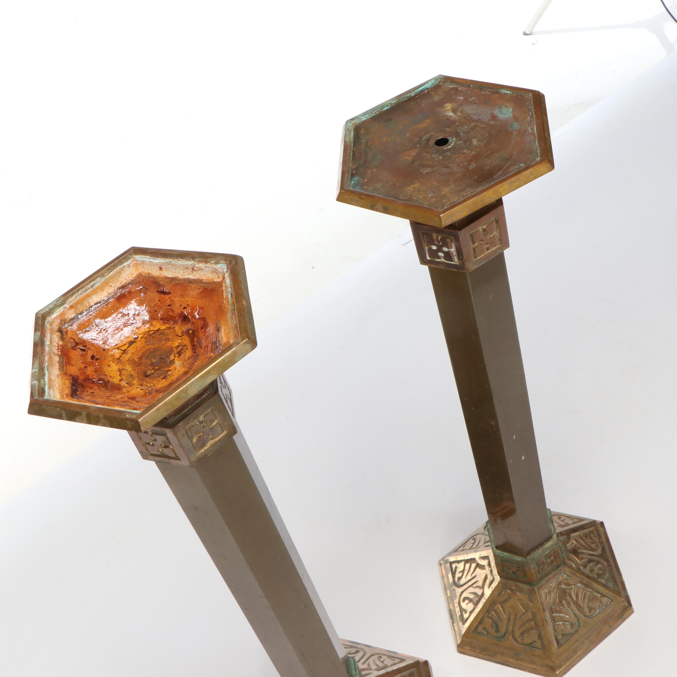 Pair of Gothic Style Brass and Copper Hexagonal Altar Candle Holders