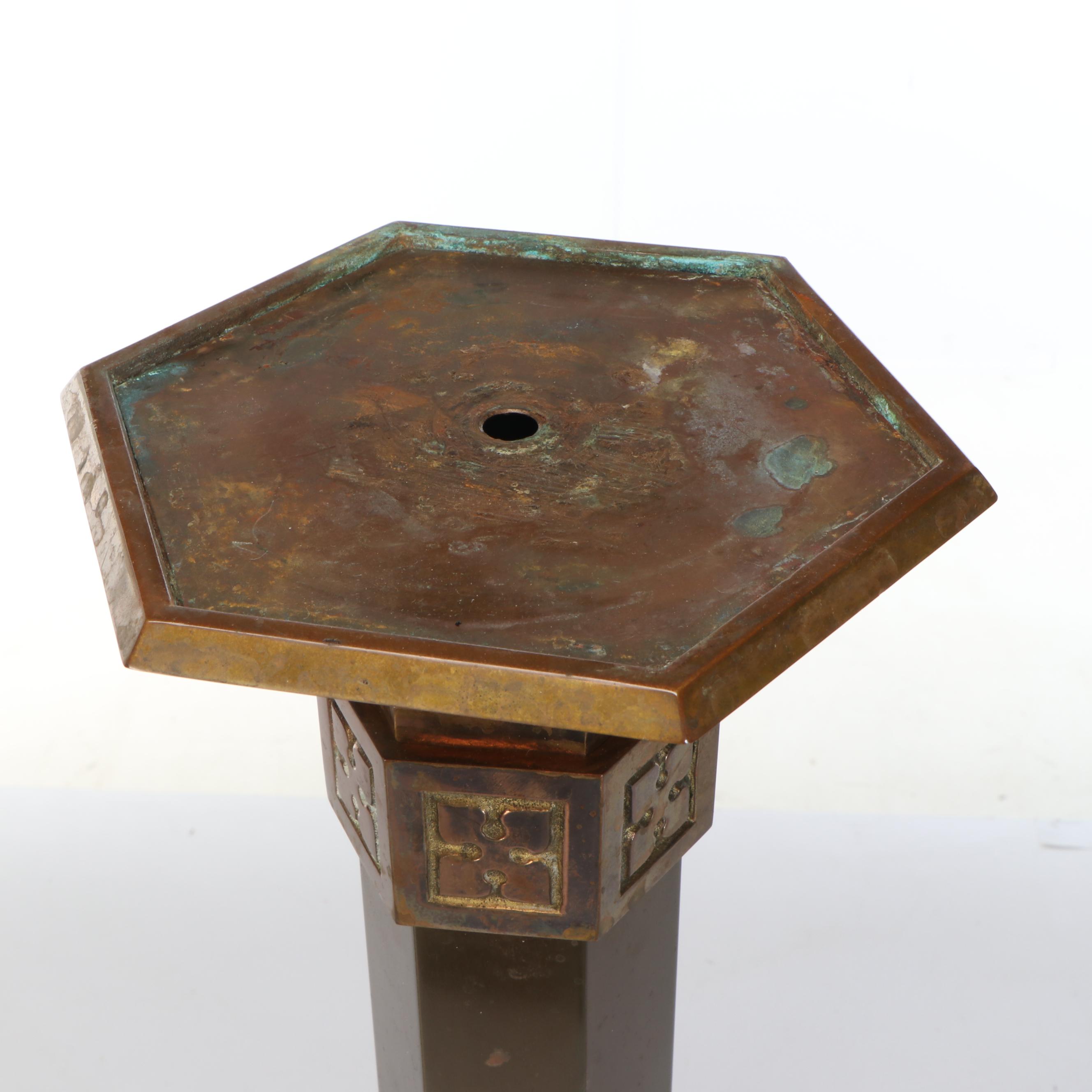 Pair of Gothic Style Brass and Copper Hexagonal Altar Candle Holders