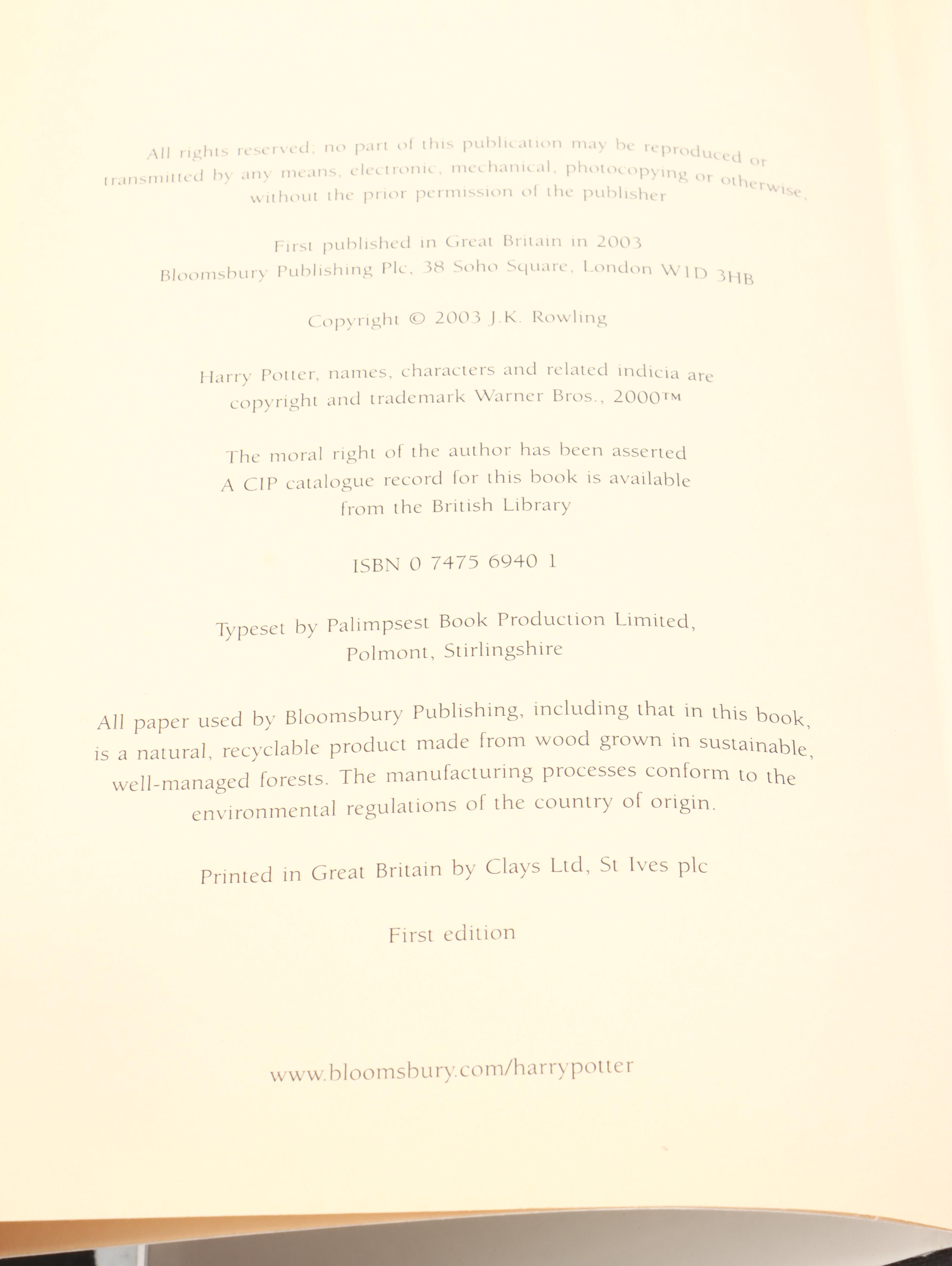 First UK Adult Edition "Harry Potter and the Order of the Phoenix" by Rowling