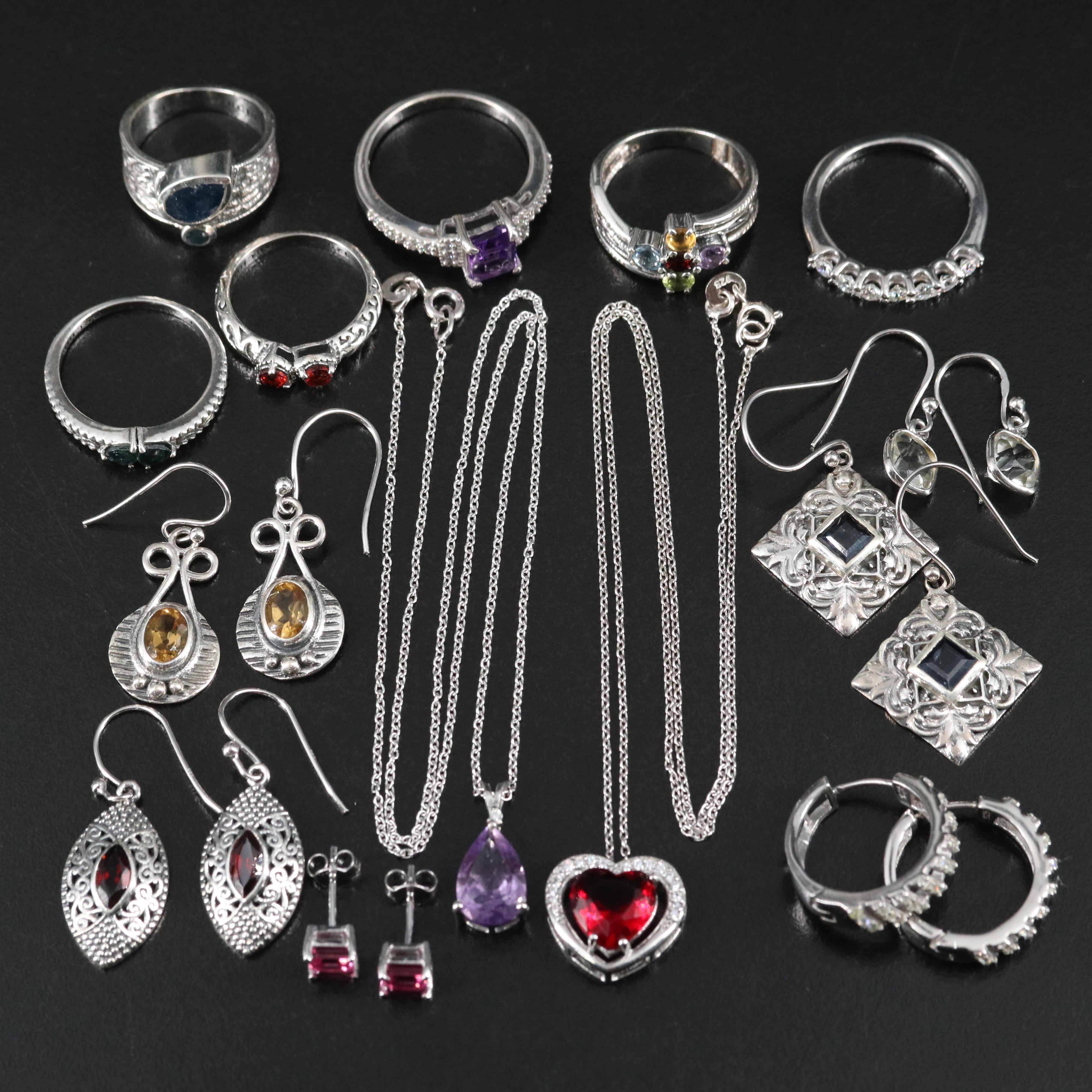 14 Assorted Sterling Silver Rings, Necklaces, and Earrings
