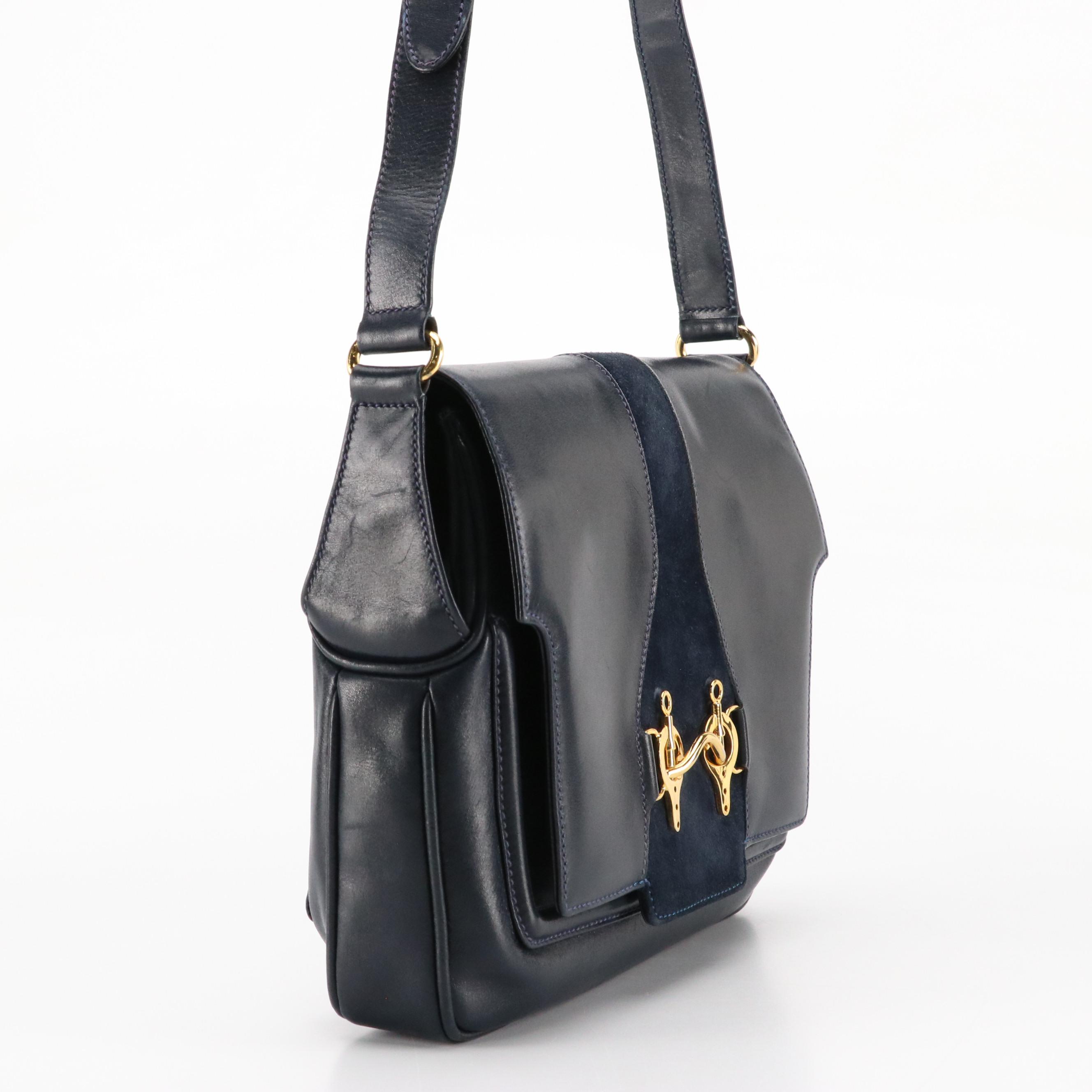 Gucci Navy Leather and Suede Front-Flap Shoulder Bag