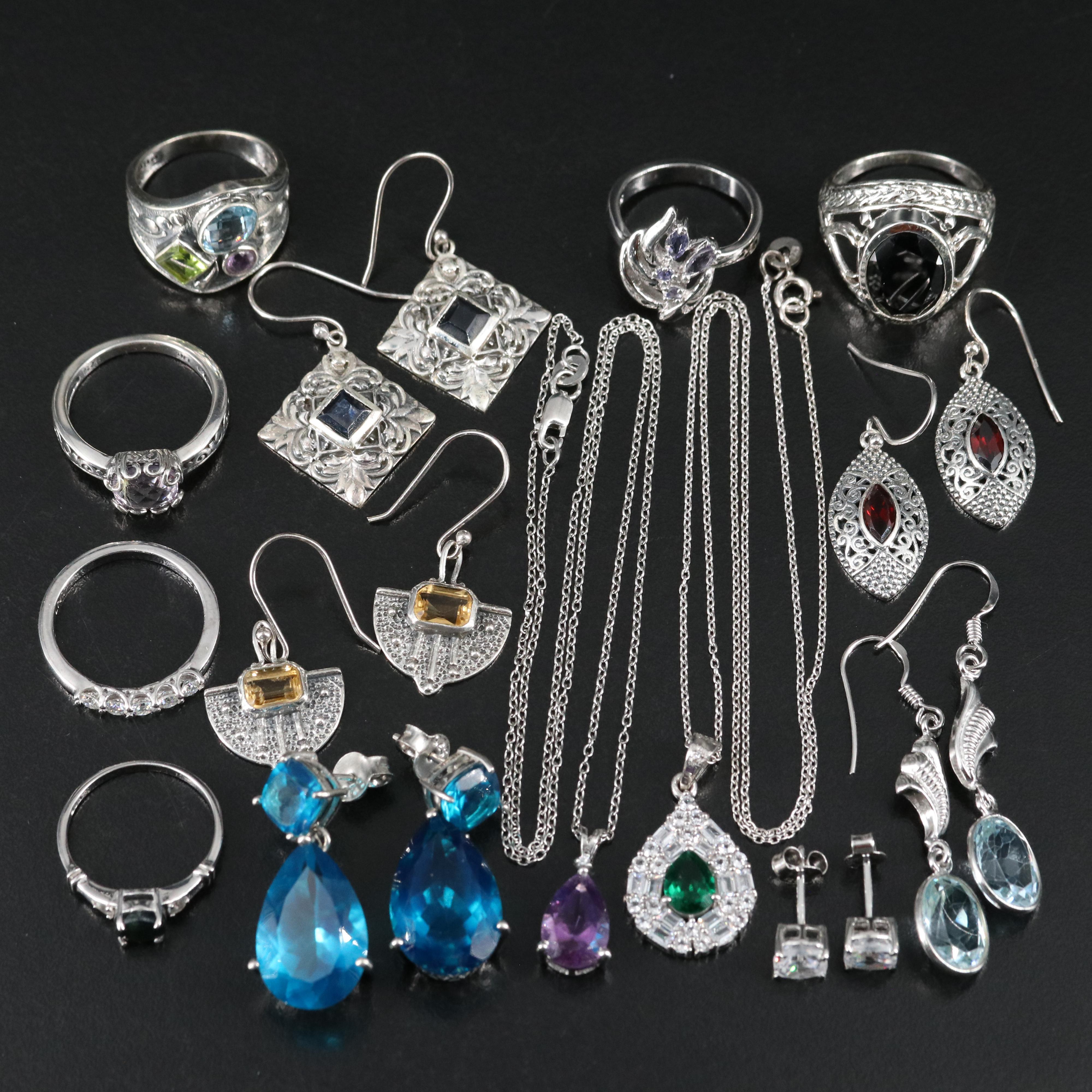 14 Assorted Sterling Silver Rings, Necklaces, and Earrings