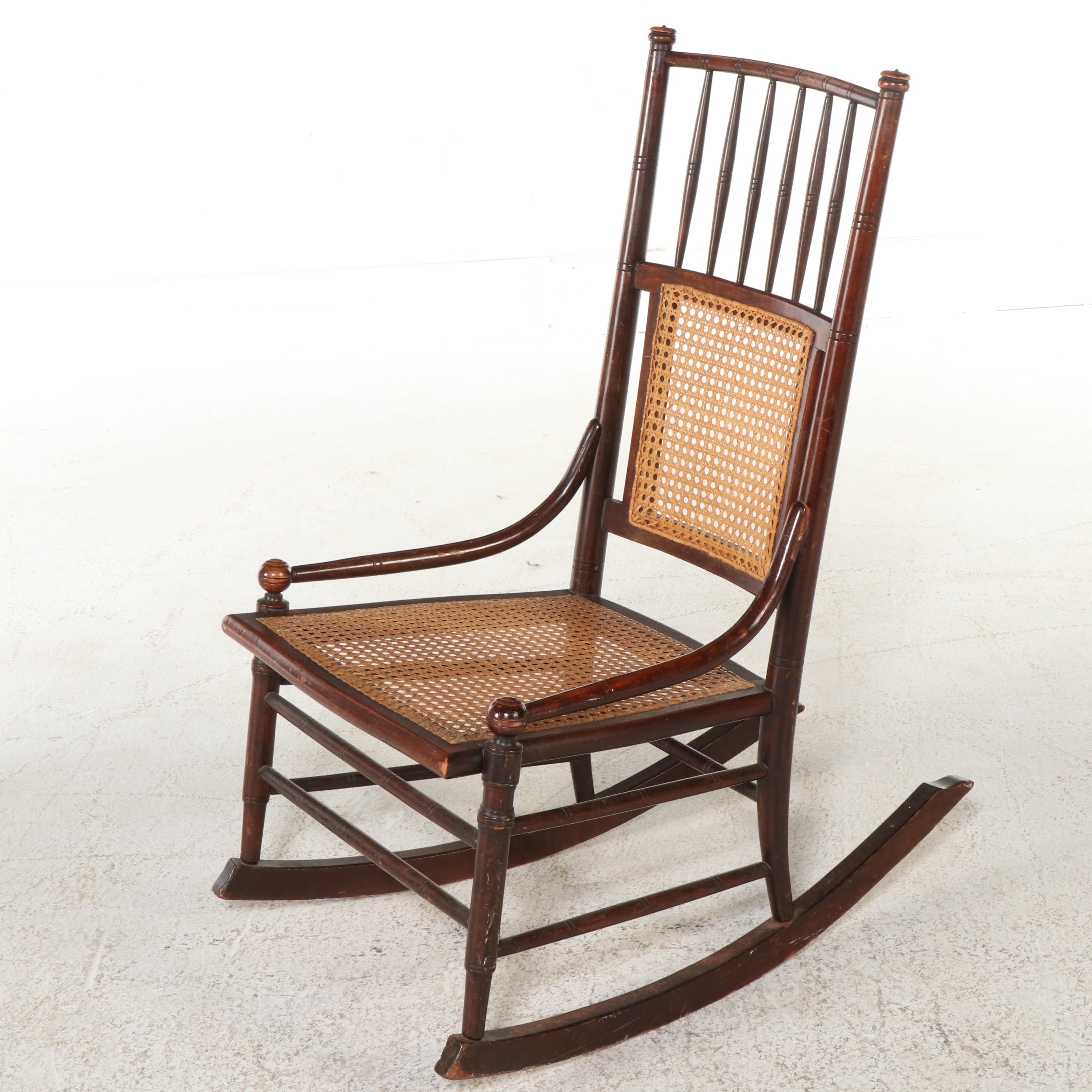 Victorian Caned Spindle-Back Wood Rocking Chair, 19th Century