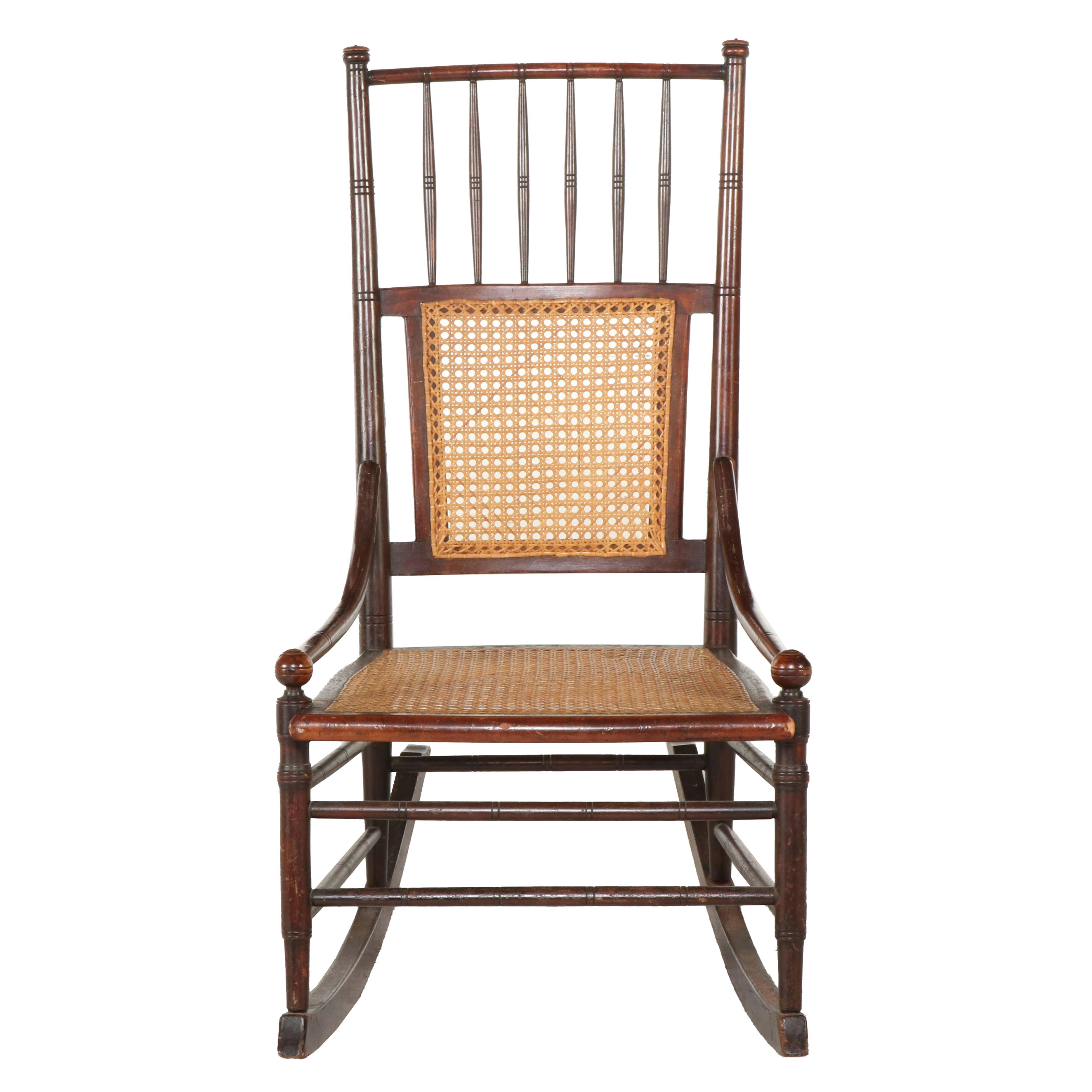 Victorian Caned Spindle-Back Wood Rocking Chair, 19th Century