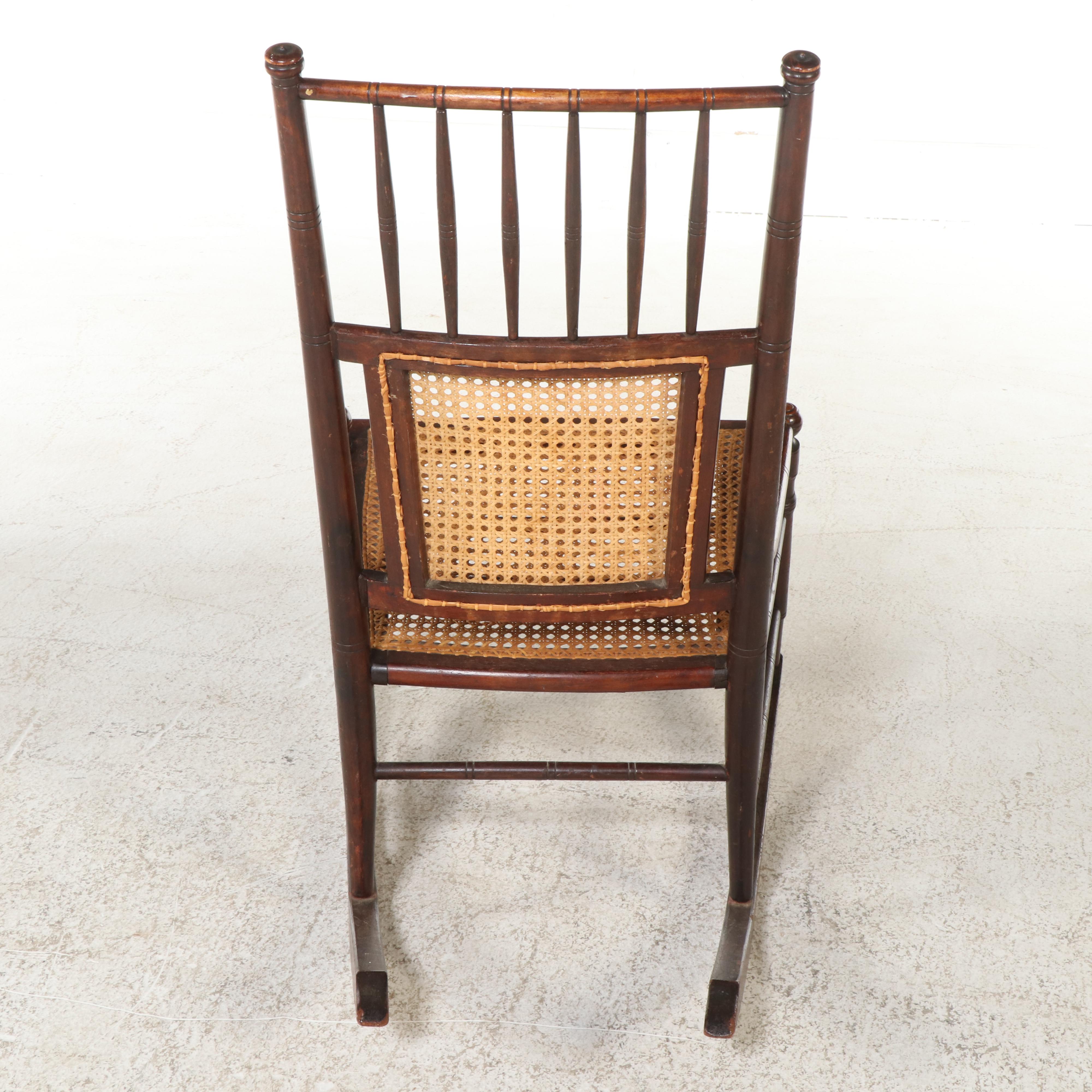Victorian Caned Spindle-Back Wood Rocking Chair, 19th Century