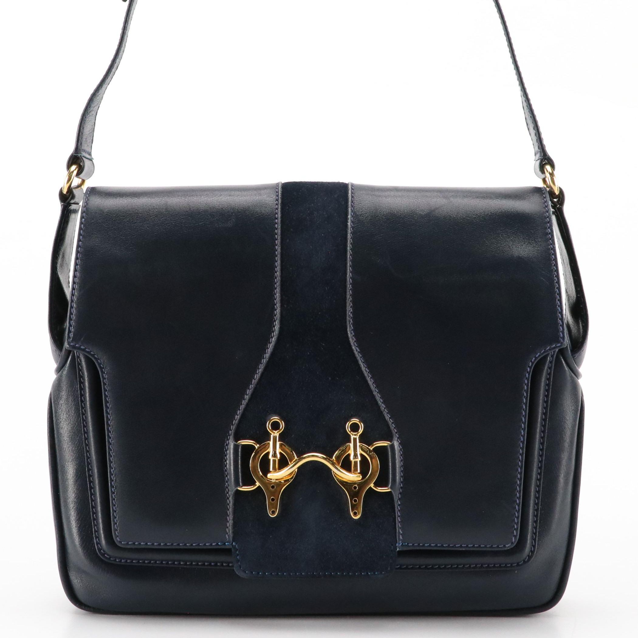Gucci Navy Leather and Suede Front-Flap Shoulder Bag