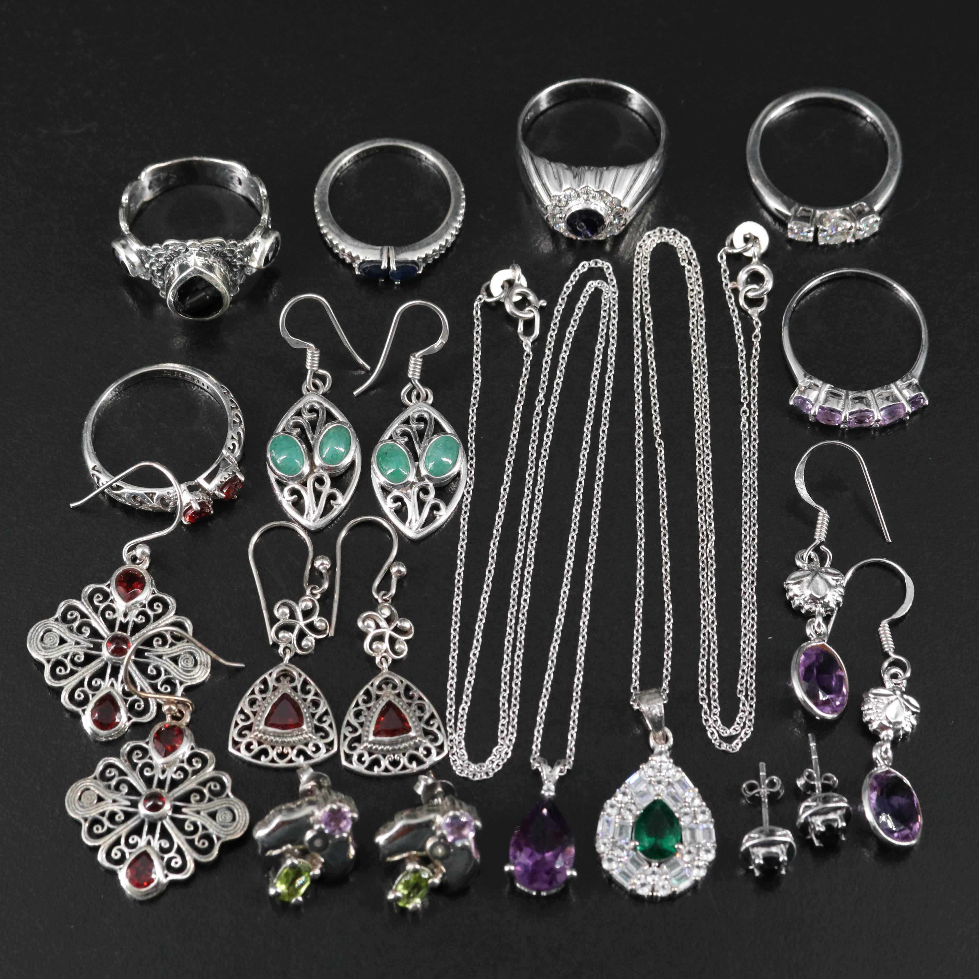 14 Assorted Sterling Silver Rings, Necklaces, and Earrings