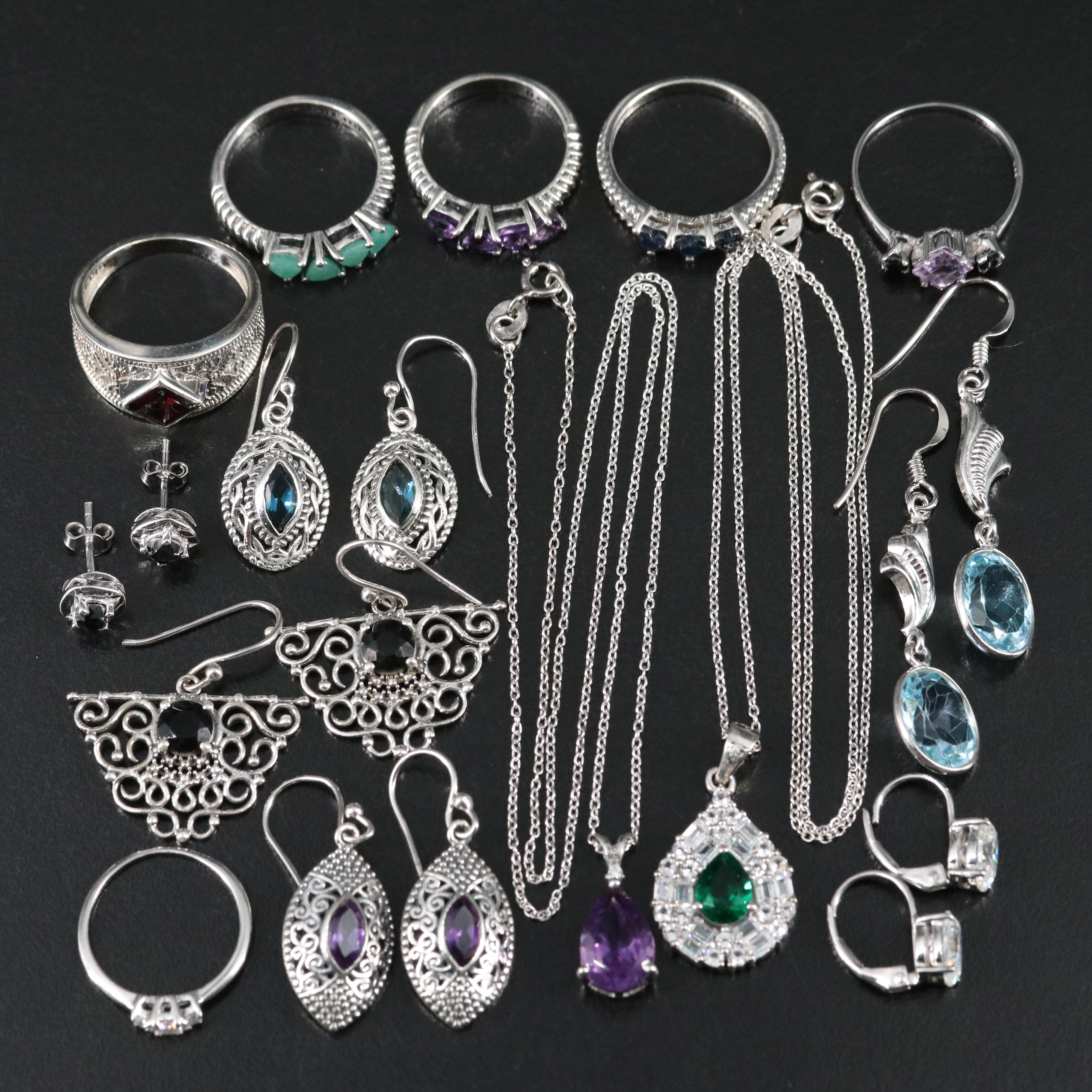 14 Assorted Sterling Silver Rings, Necklaces, and Earrings