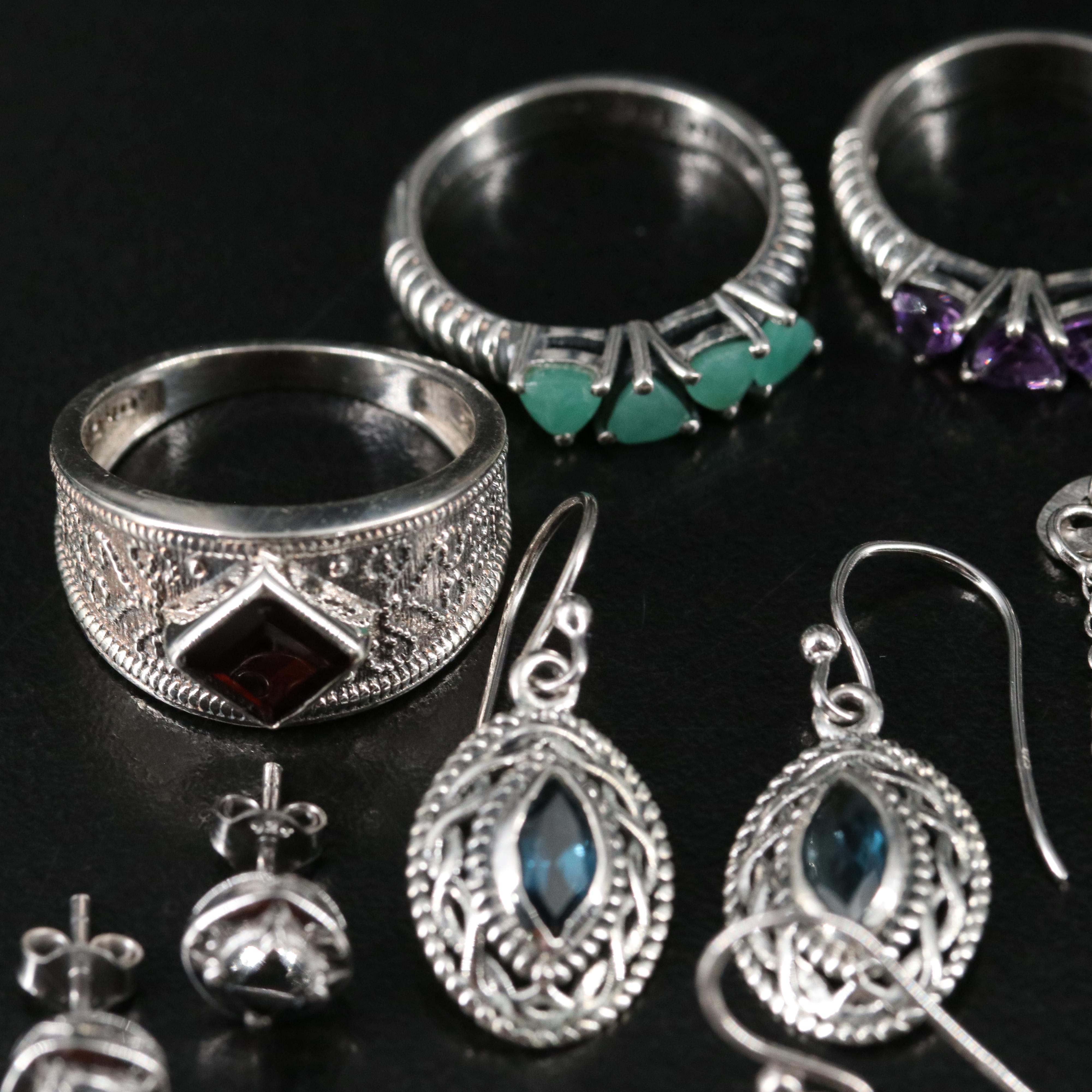 14 Assorted Sterling Silver Rings, Necklaces, and Earrings