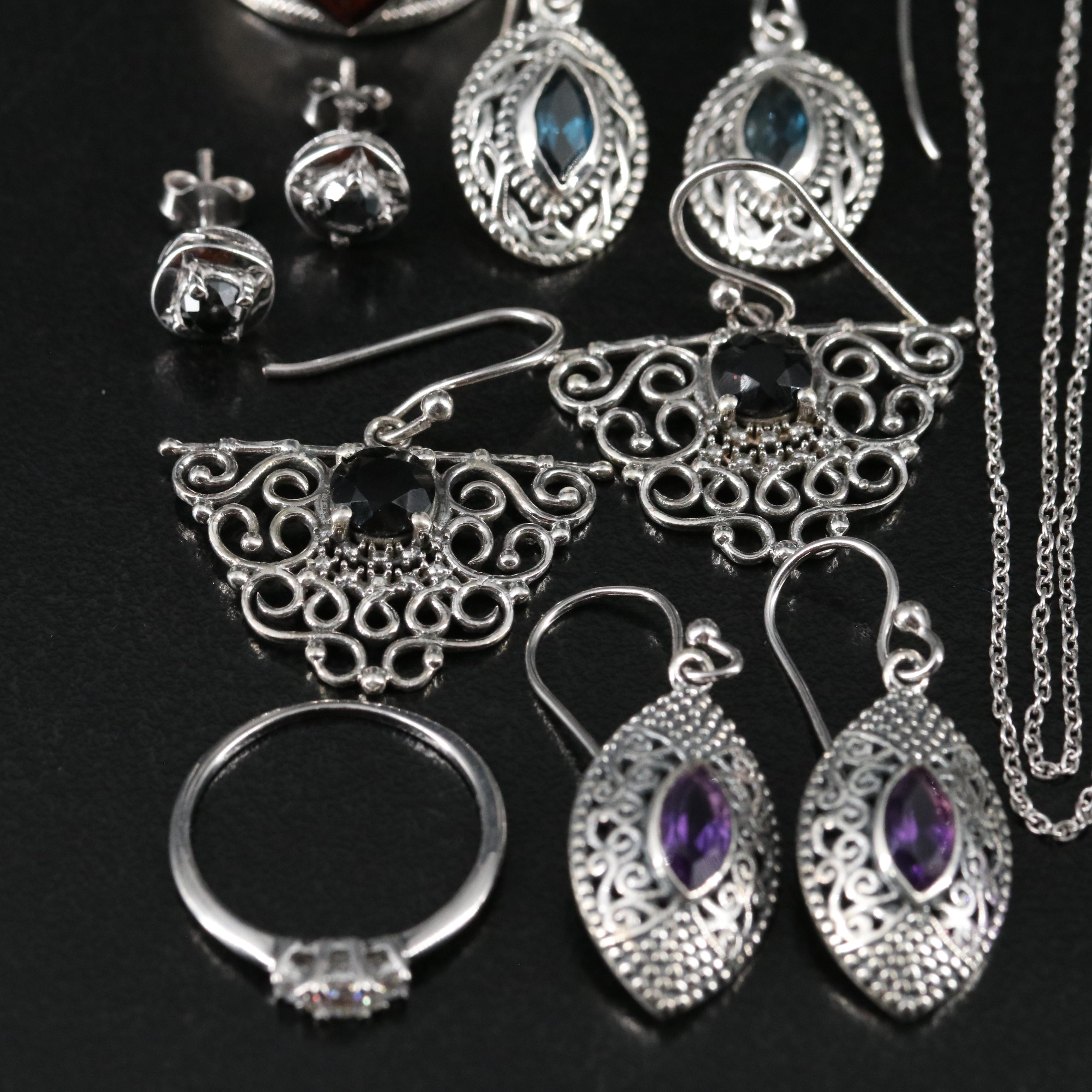 14 Assorted Sterling Silver Rings, Necklaces, and Earrings