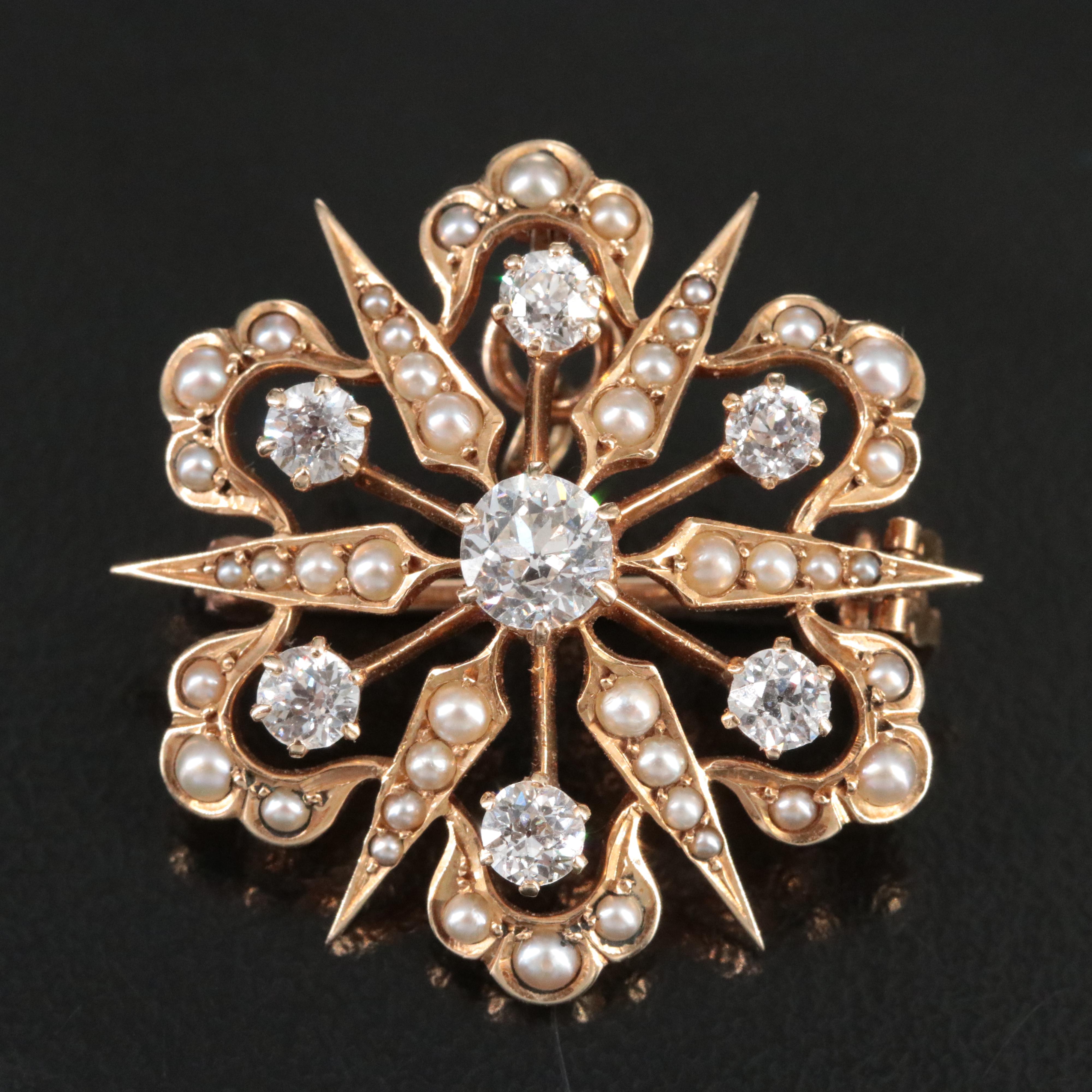 Early 1900s 14K 1.16 CTW Diamond and Pearl Converter Brooch