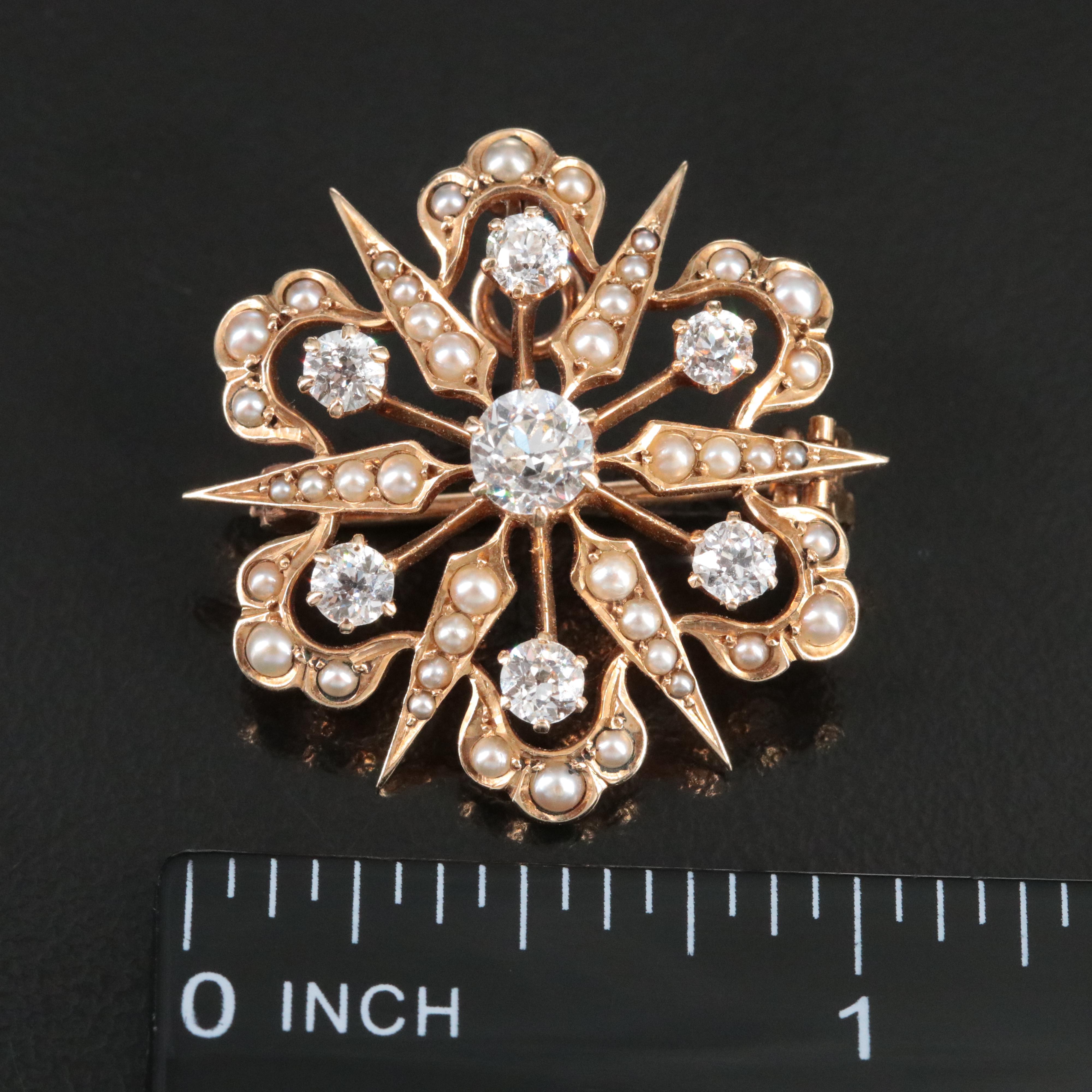 Early 1900s 14K 1.16 CTW Diamond and Pearl Converter Brooch