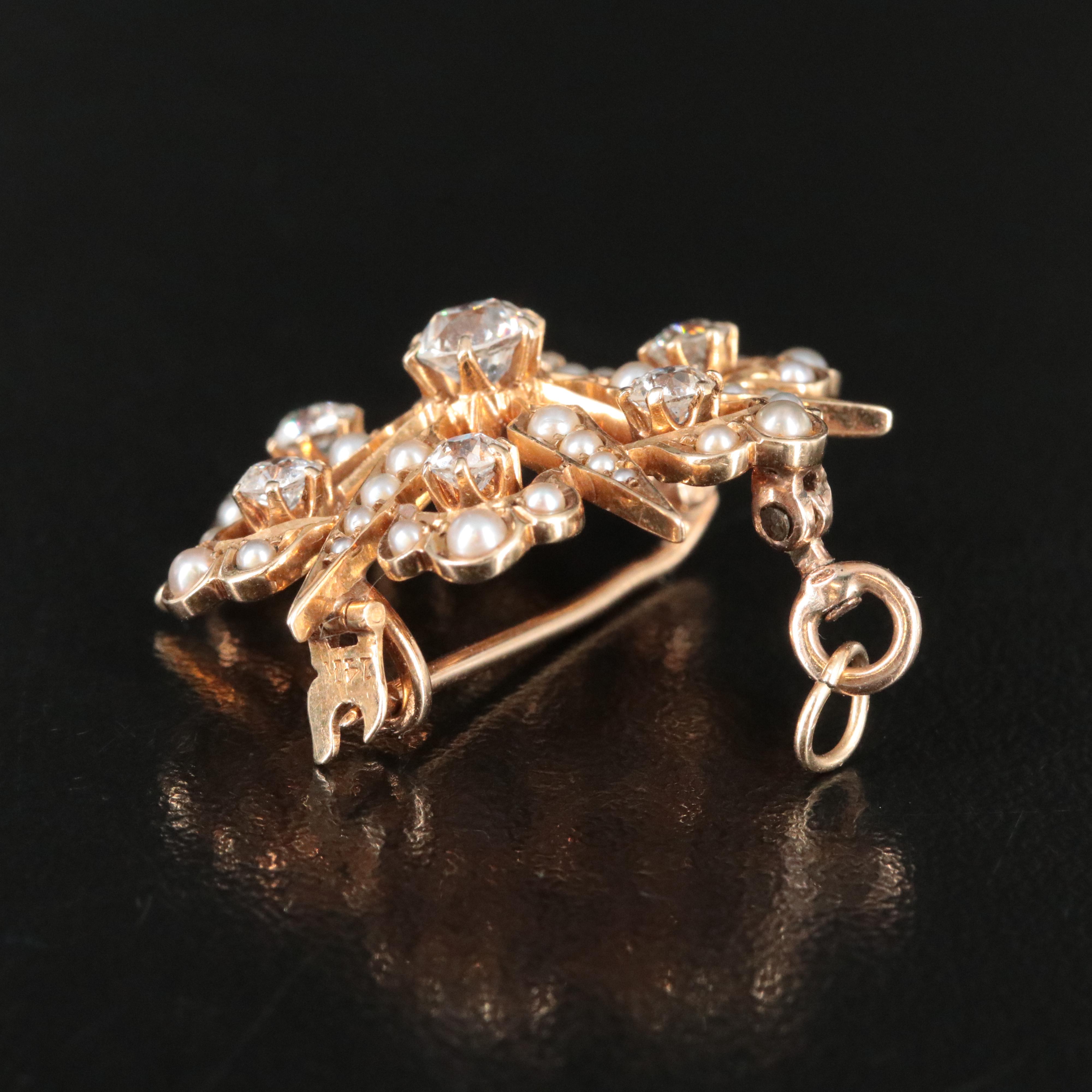 Early 1900s 14K 1.16 CTW Diamond and Pearl Converter Brooch