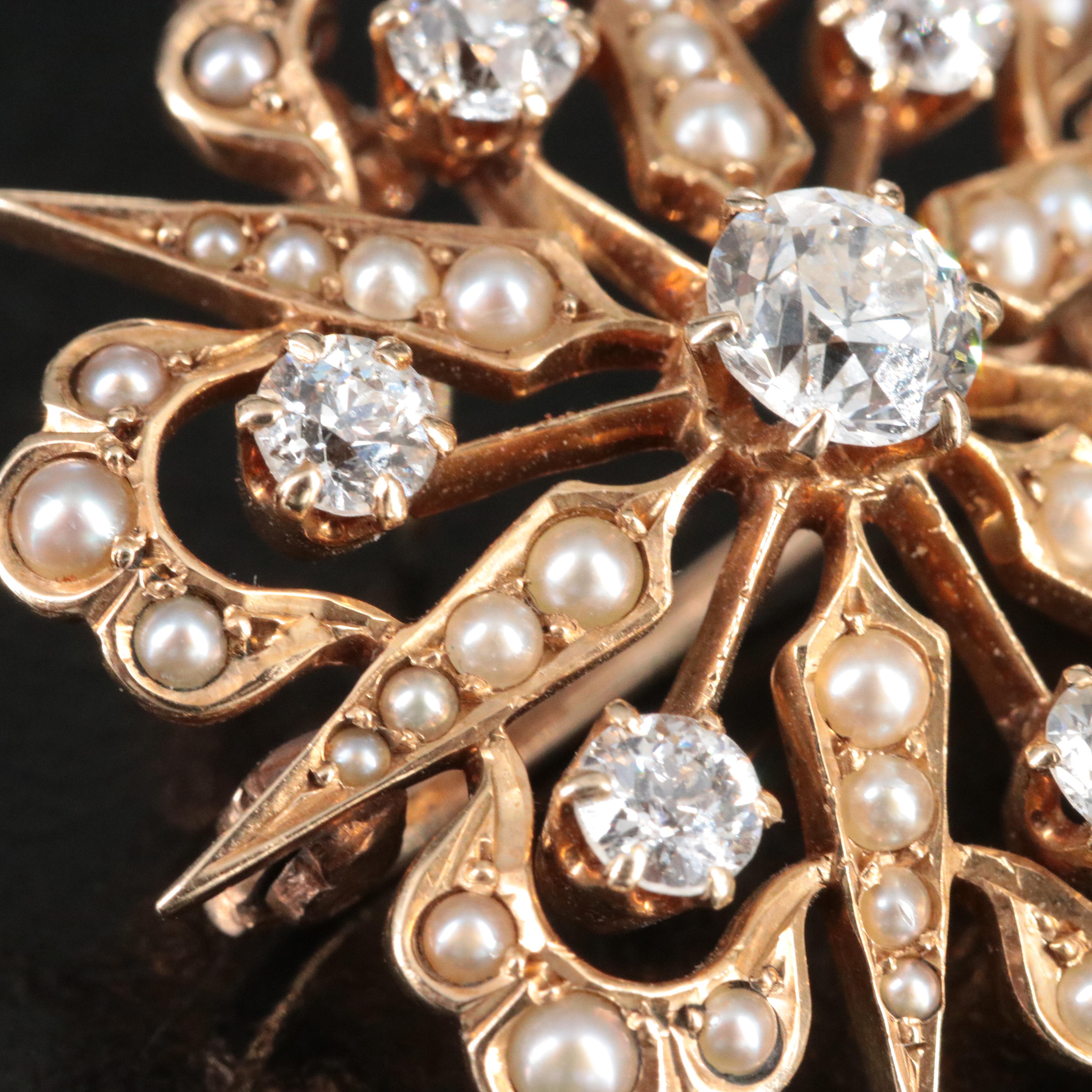 Early 1900s 14K 1.16 CTW Diamond and Pearl Converter Brooch