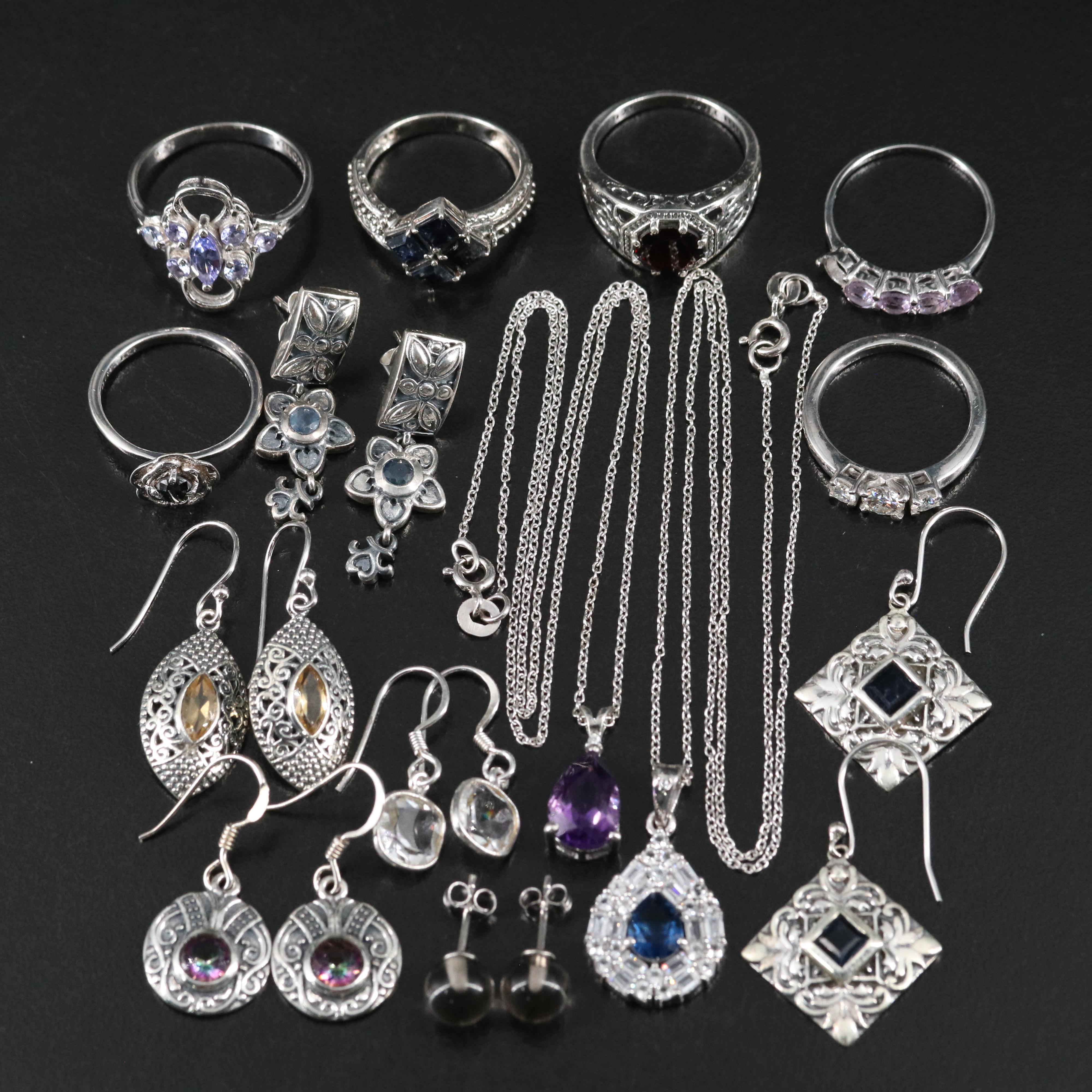 14 Assorted Sterling Silver Rings, Necklaces, and Earrings