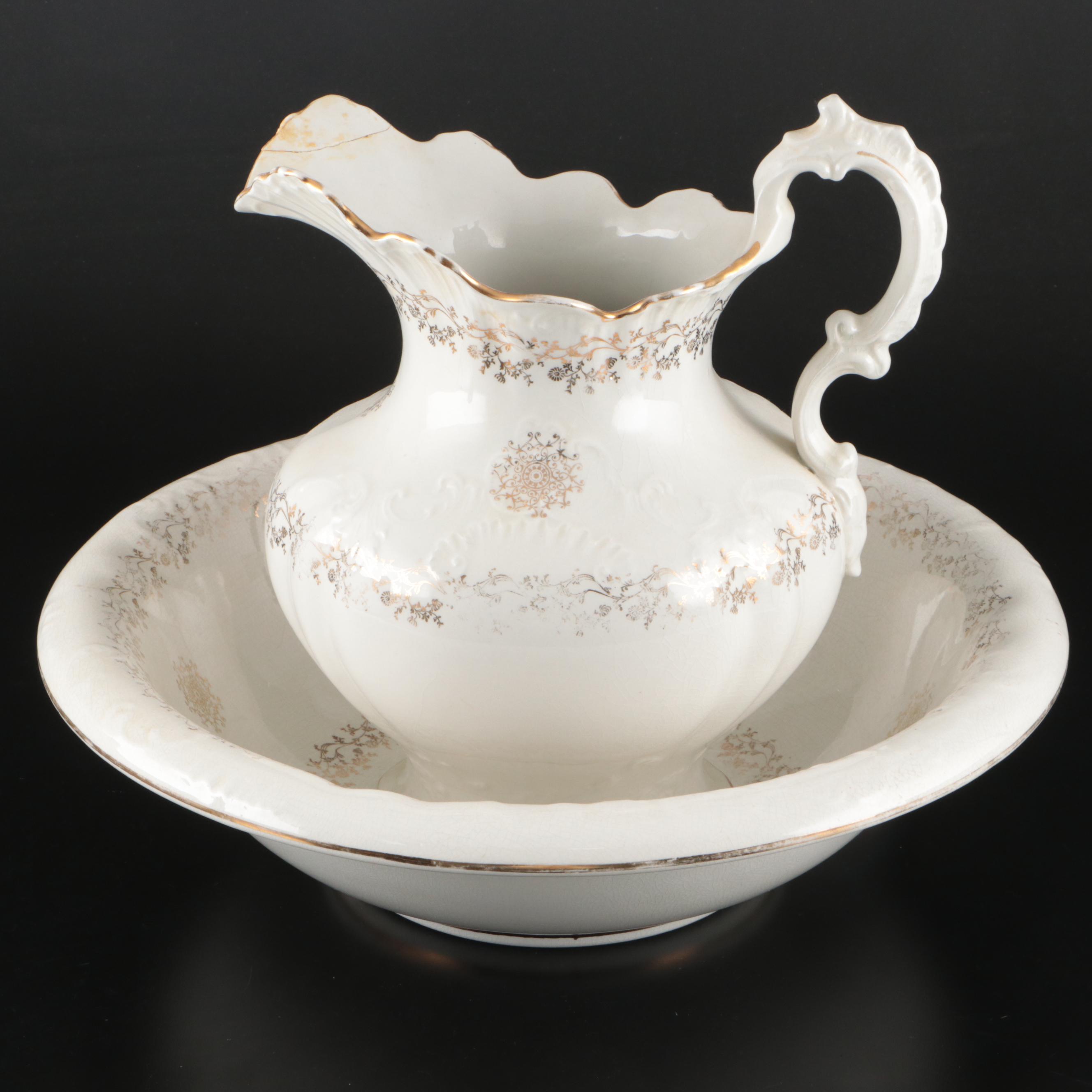Homer Laughlin Gilt Ceramic Pitcher and Basin
