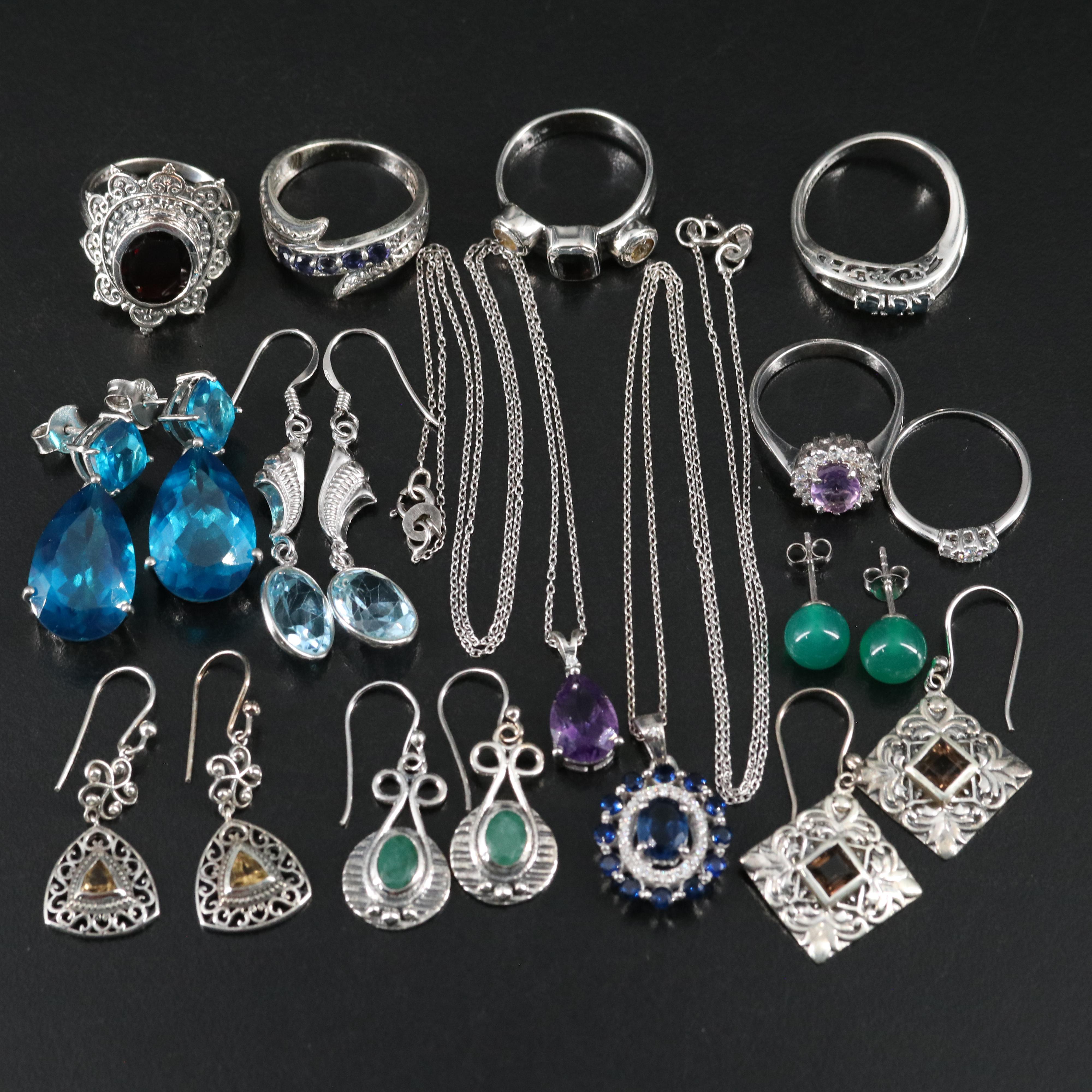 14 Assorted Sterling Silver Rings, Necklaces, and Earrings