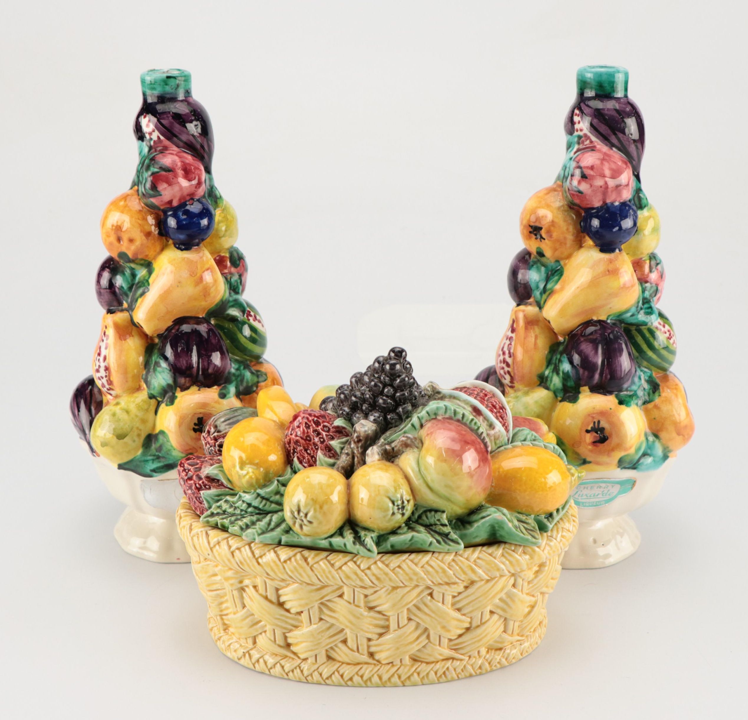 Luxardo Fruit Topiary Ceramic Decanters and Portuguese Fruit Basket Covered Dish