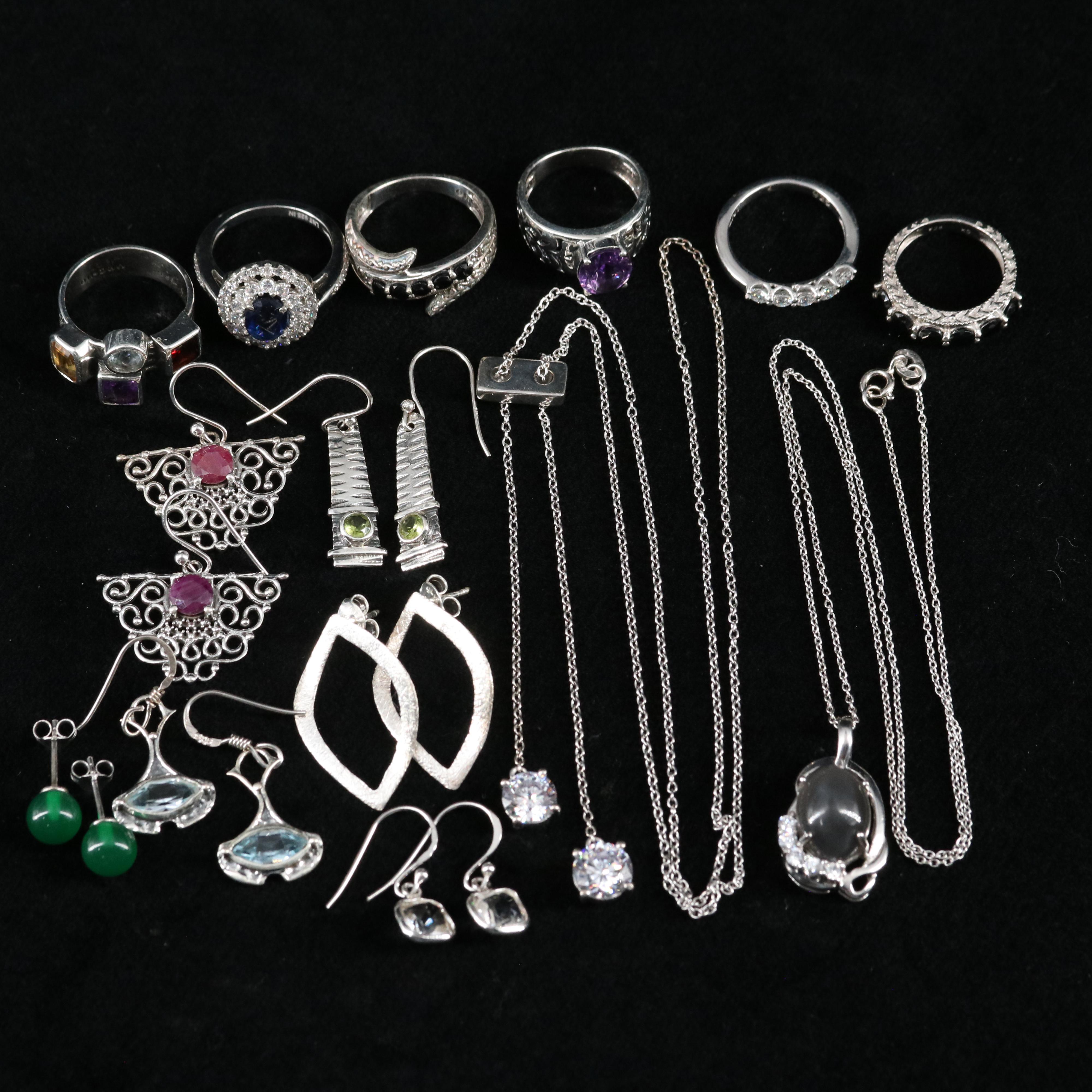 14 Assorted Sterling Silver Rings, Necklaces, and Earrings