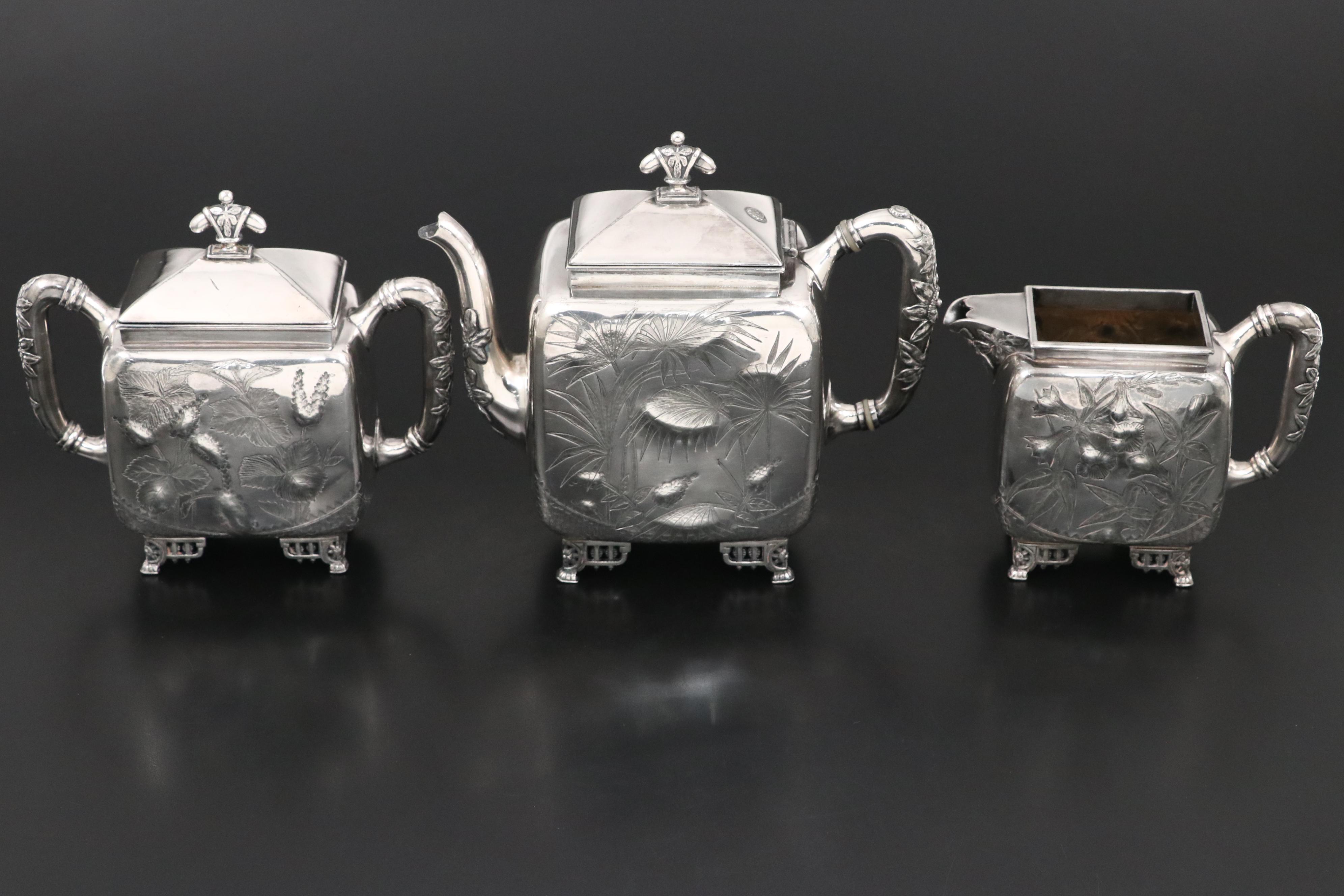 Meriden Britannia Company Aesthetic Movement Silver Plate Tea Set, Late 19th C.