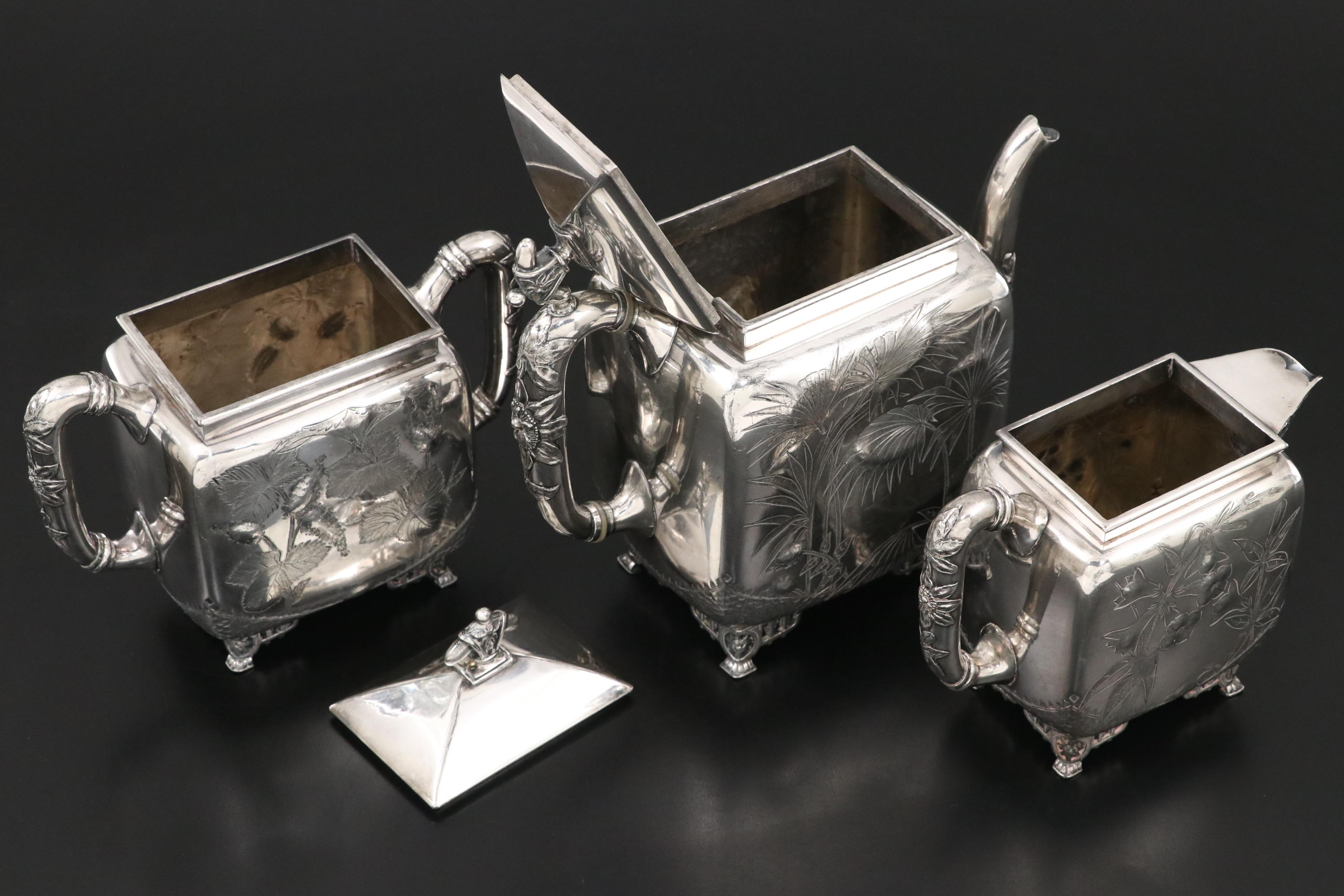 Meriden Britannia Company Aesthetic Movement Silver Plate Tea Set, Late 19th C.