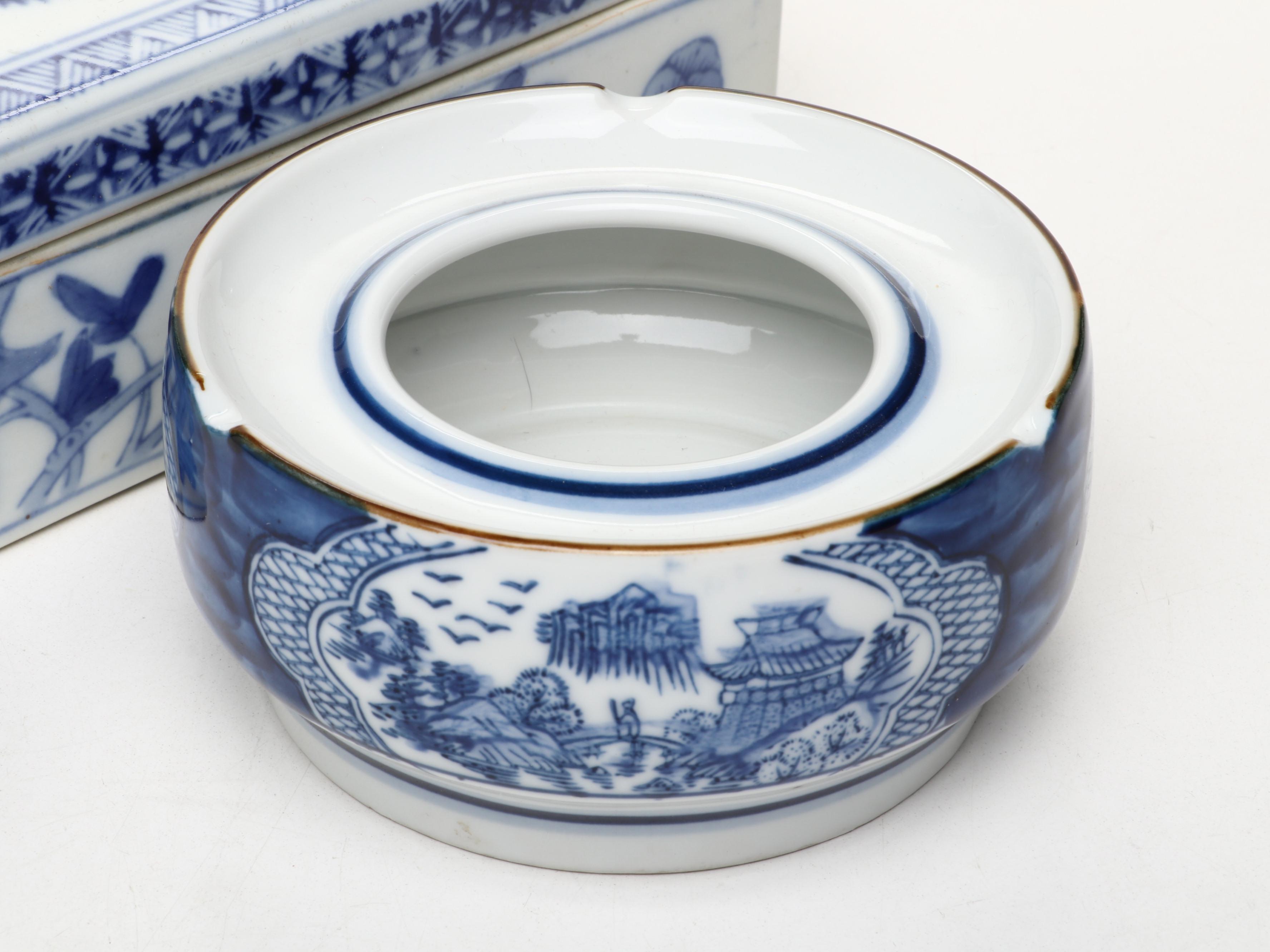 Chinese Blue and White Porcelain Planter with Ashtray and Box