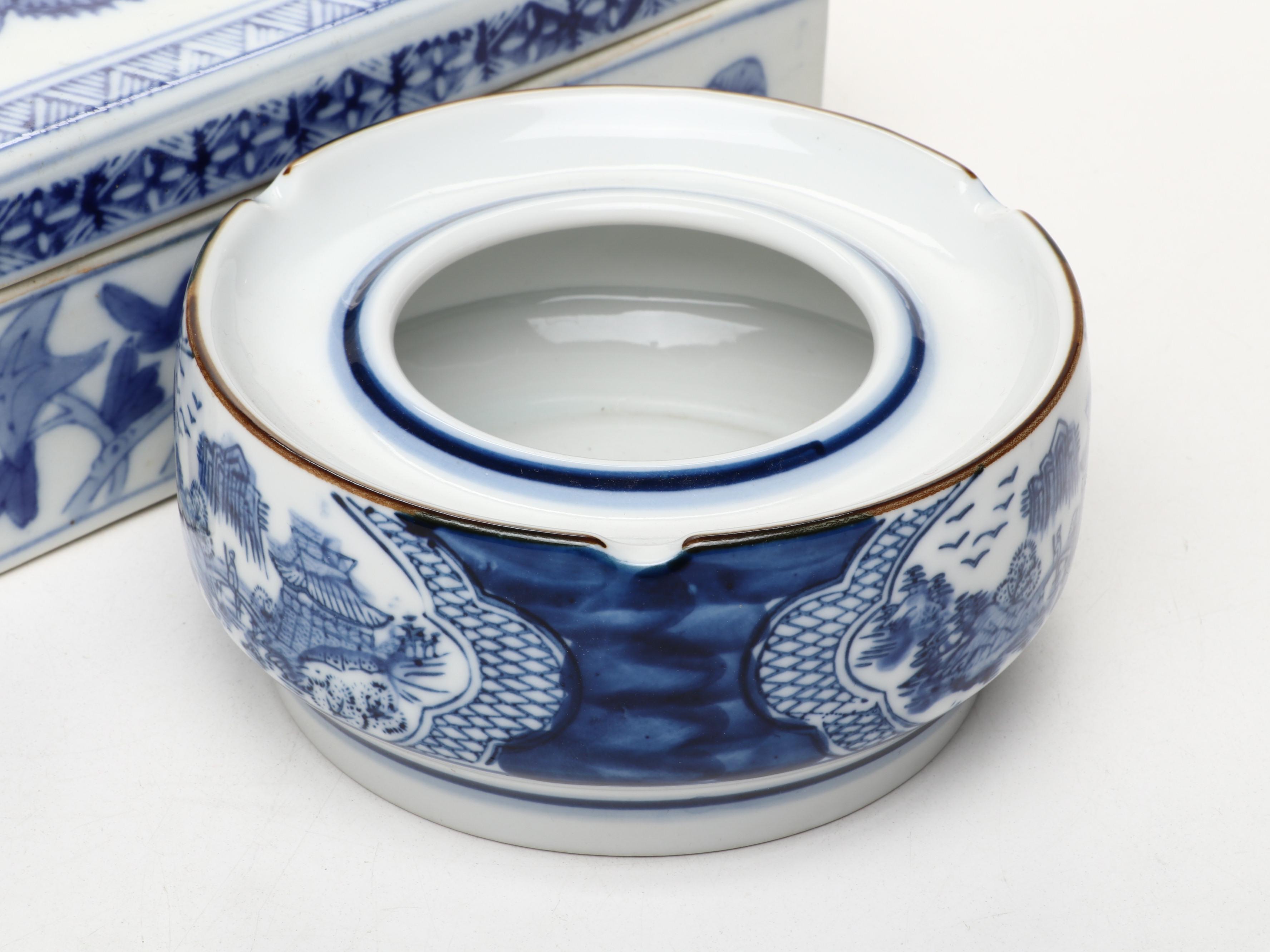 Chinese Blue and White Porcelain Planter with Ashtray and Box